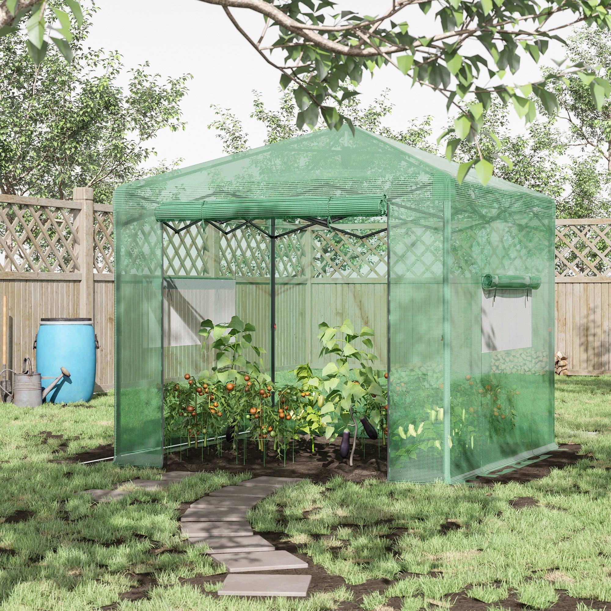 Pop-up Small Greenhouse, Outdoor Walk-in Tomato Greenhouse with Carrying Bag, PE Cover, Steel Frame, Green, 2.4L x 1.8W x 2.4H m