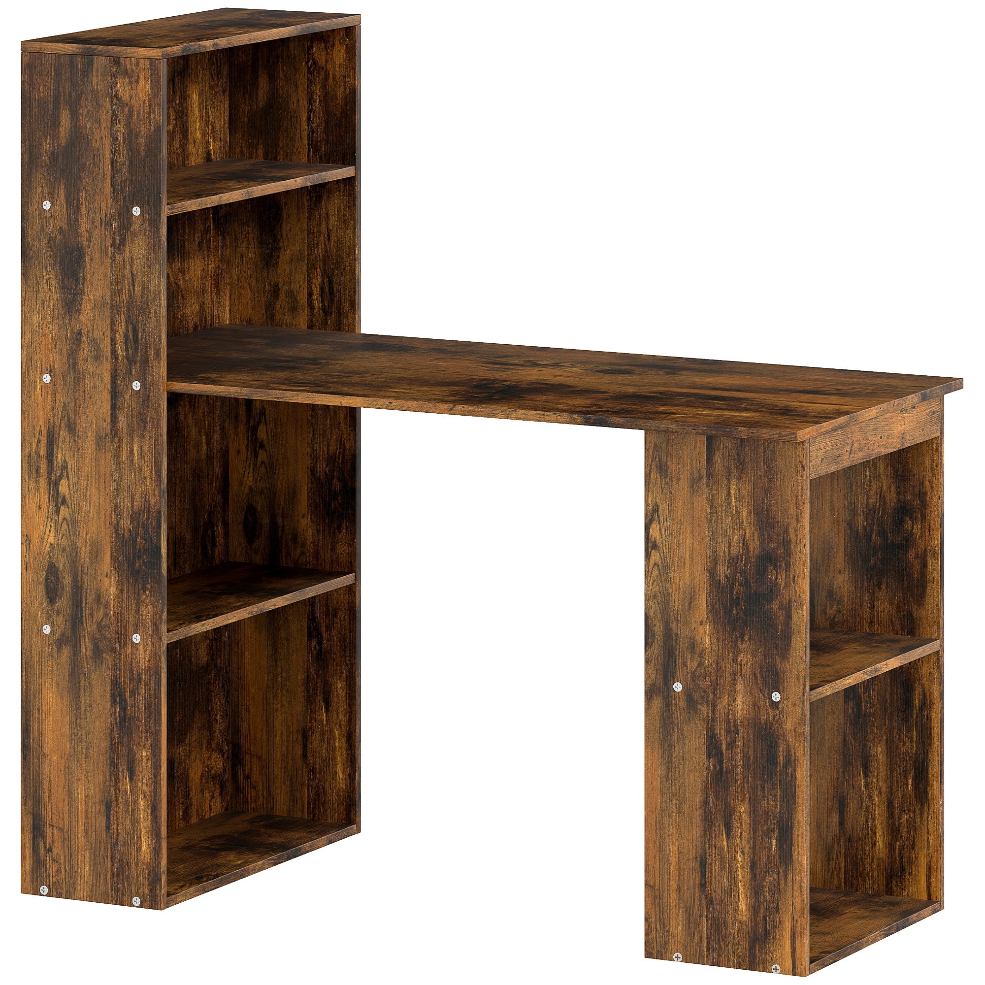 120cm Computer Desk, Wooden PC Laptop Table with 6-Tier Storage Bookshelves, Home Office Working Study Desk, Writing Workstation, Rustic Brown Wood-Effect