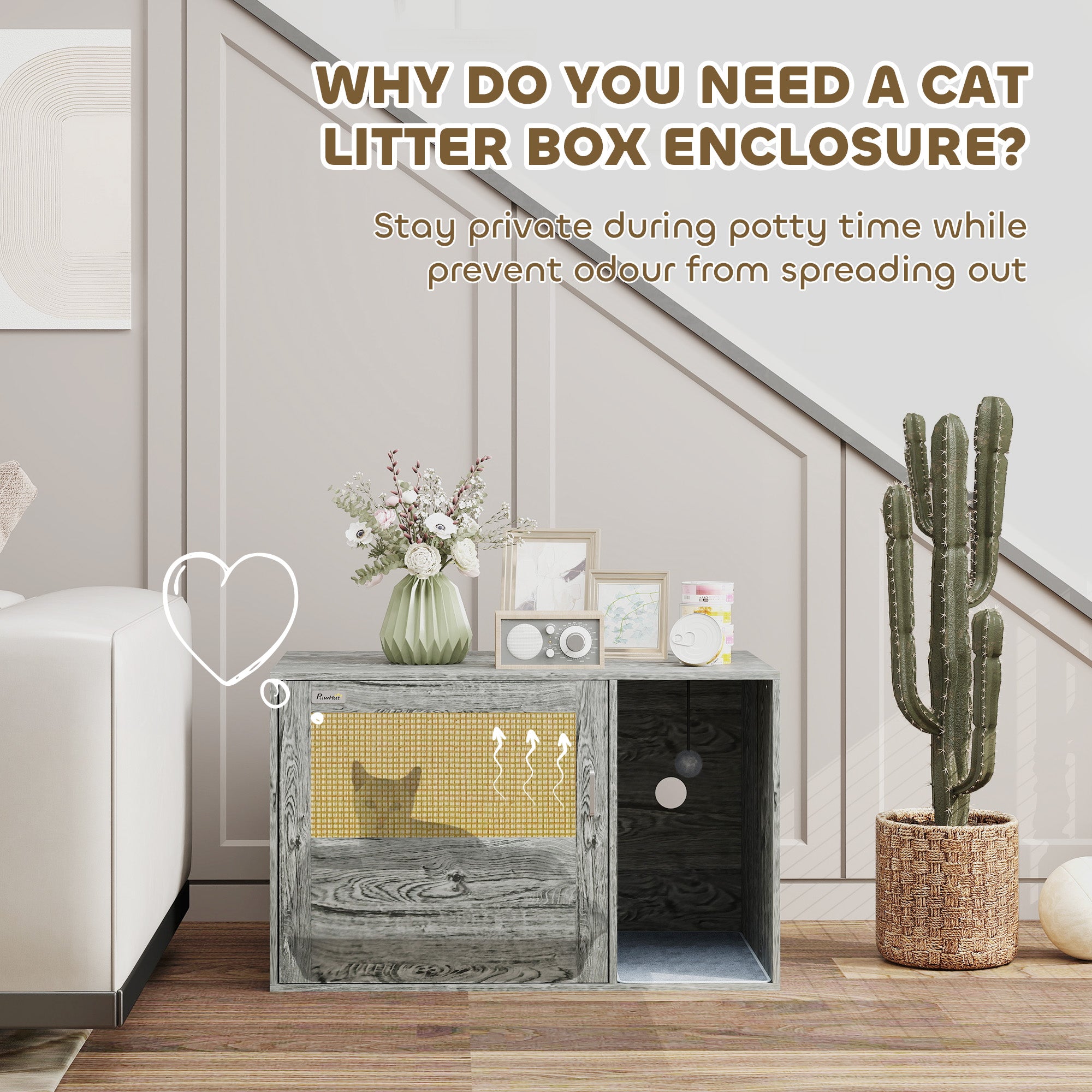 Boho Style Cat Litter Box Enclosure with Rattan Door, Scratching Mat, Toy Ball, Non-slip Foot Pads, 80 x 50 x 50cm, Grey