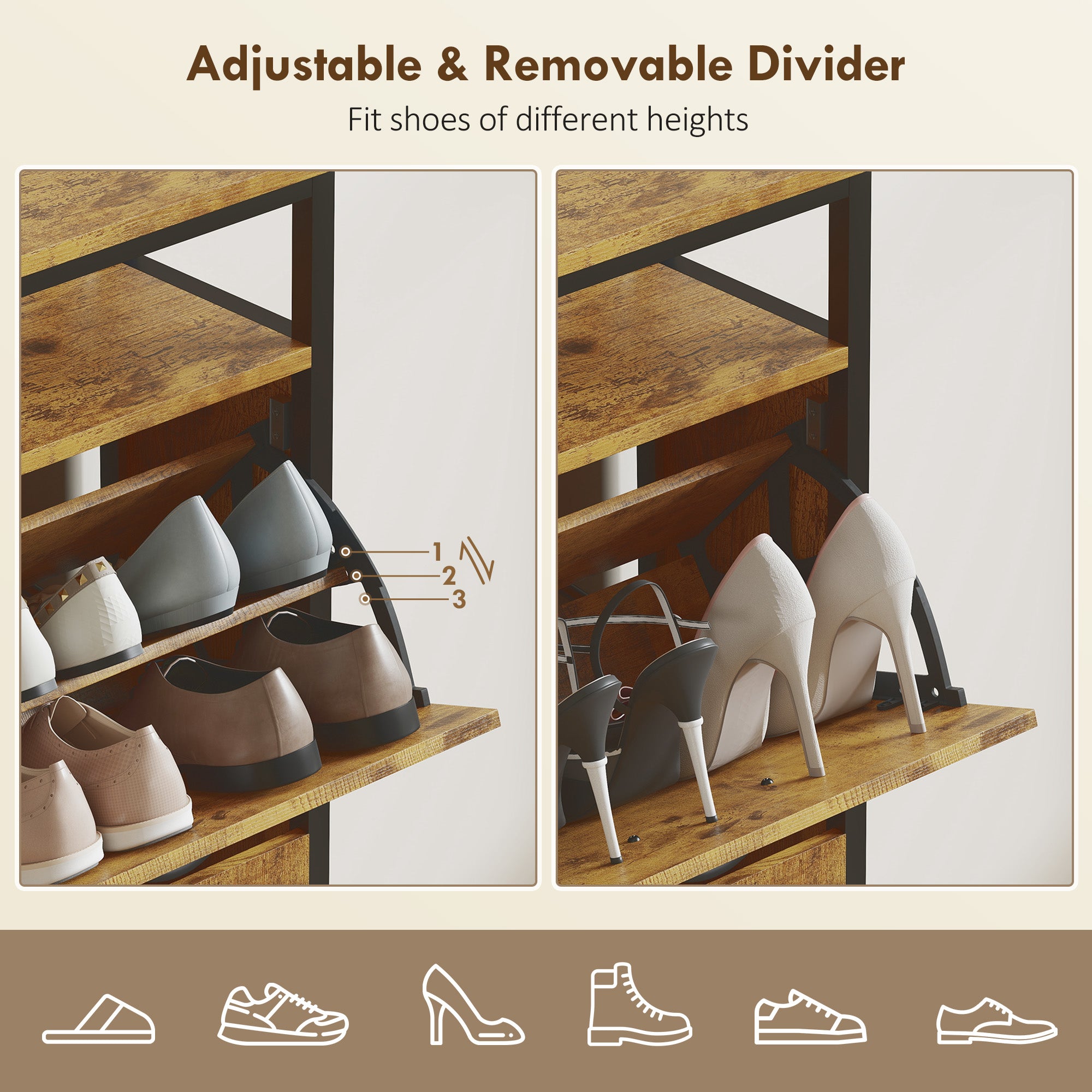 Shoe Storage Cabinet with 4 Flip Drawers and Open Shelf - Rustic Brown