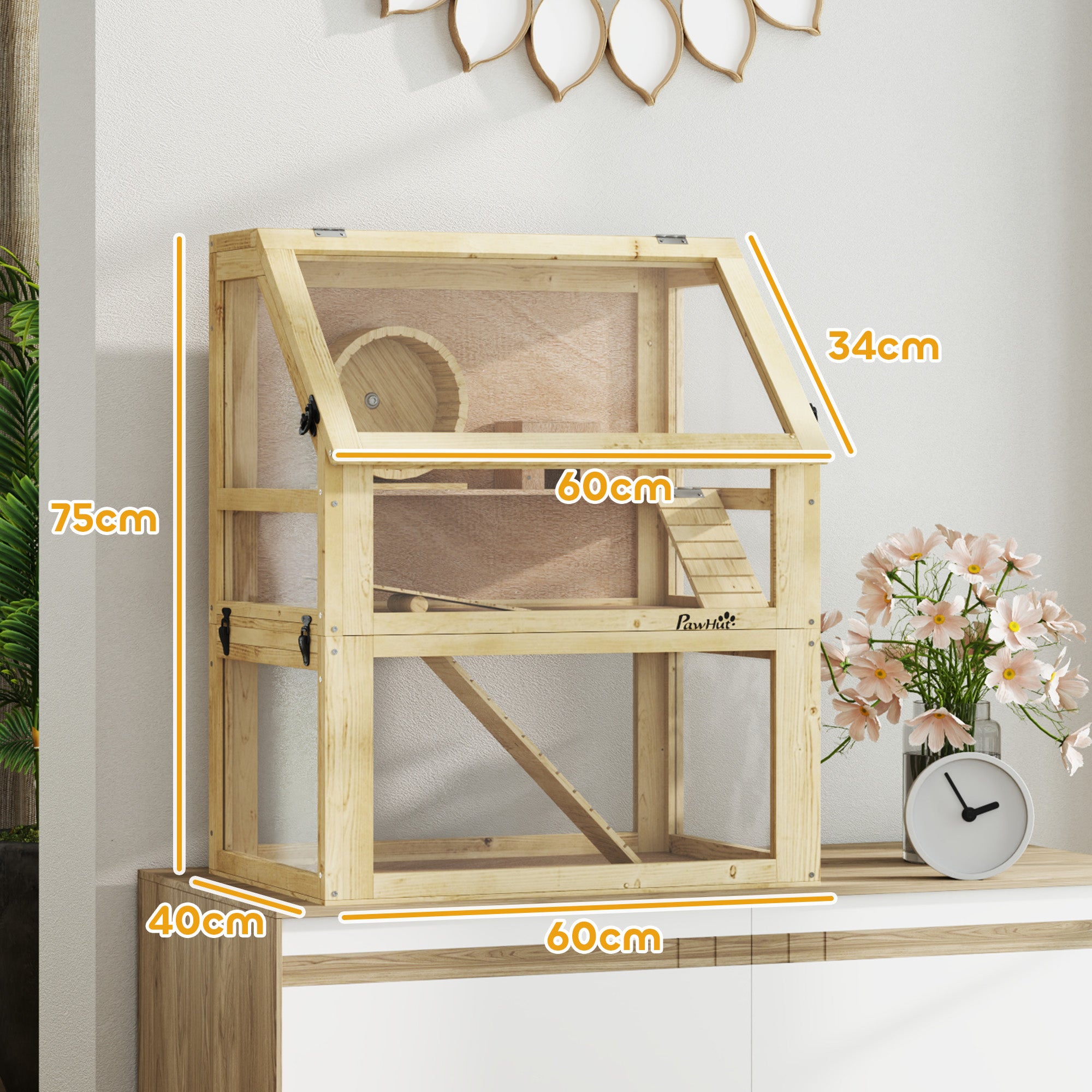Wooden Hamster Cage with Detachable 32cm Deep Bottom, Hut, Seesaw, Exercise Wheel, Ramps, 60 x 40 x 75cm