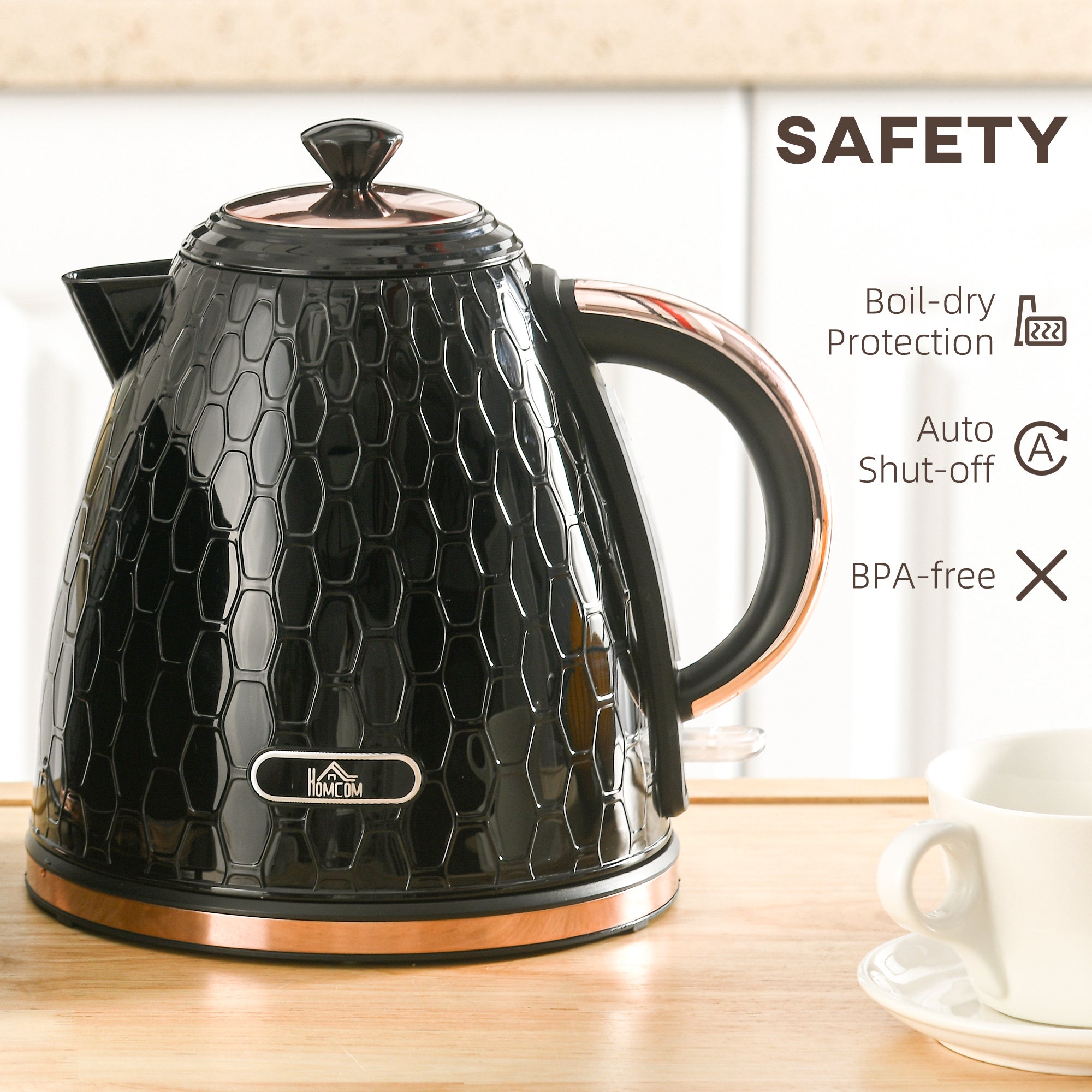 1.7L Electric Kettle 3kW Fast Boil with Auto Shut-off & Removable Filter - Black