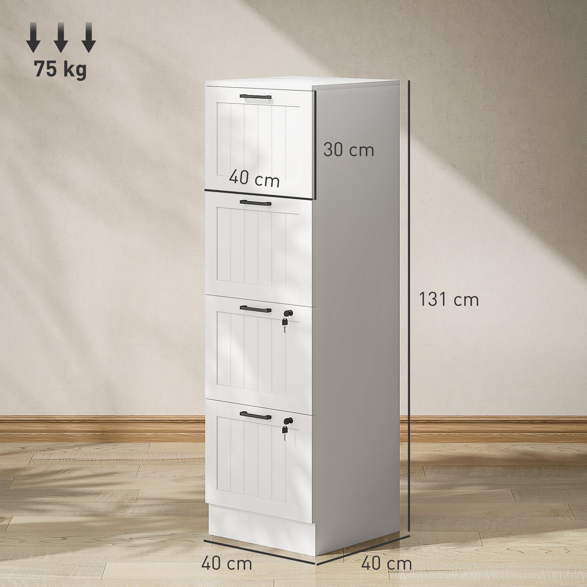 4 Drawer Filing Cabinet with Lock, Office Storage Cabinet with Adjustable Hanging Bars for A4 Letter Size Files, White