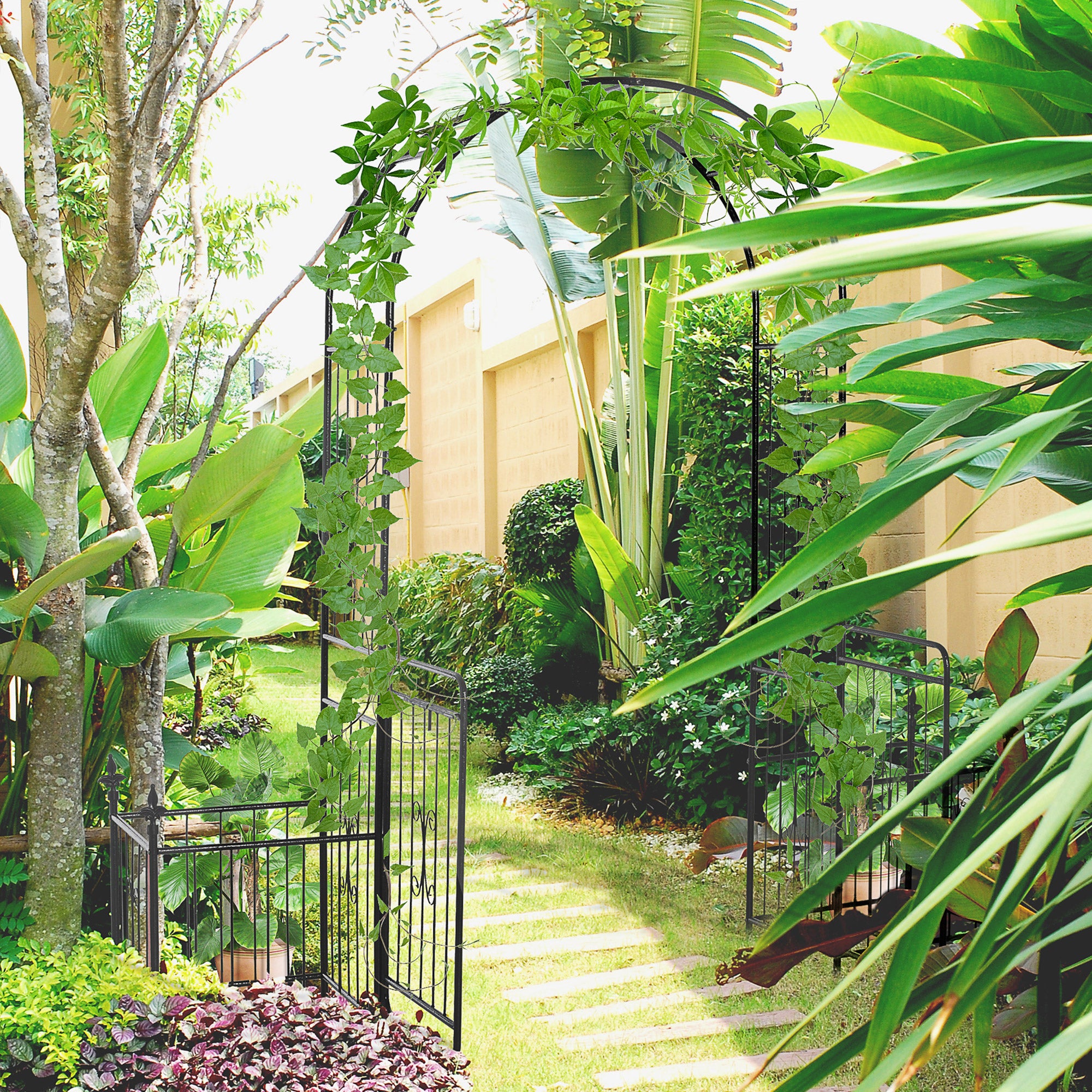 Metal Garden Arbor Arch with Double Doors, 2 Side Planter Baskets, Climbing Vine Frame, Black