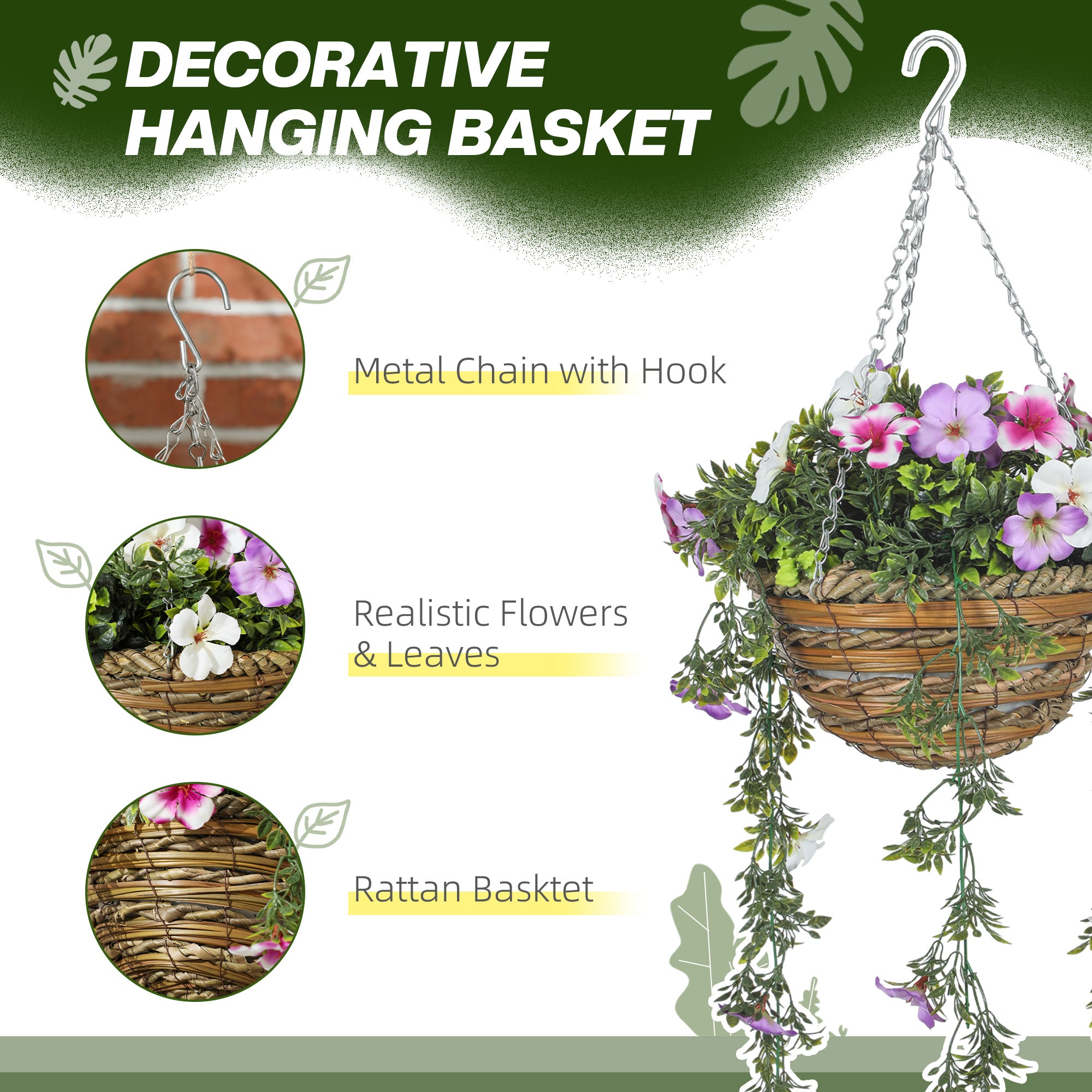 Set of 2 Hanging Faux Silk Azalea Plants in Baskets for Indoor Outdoor Decor - Pink and White