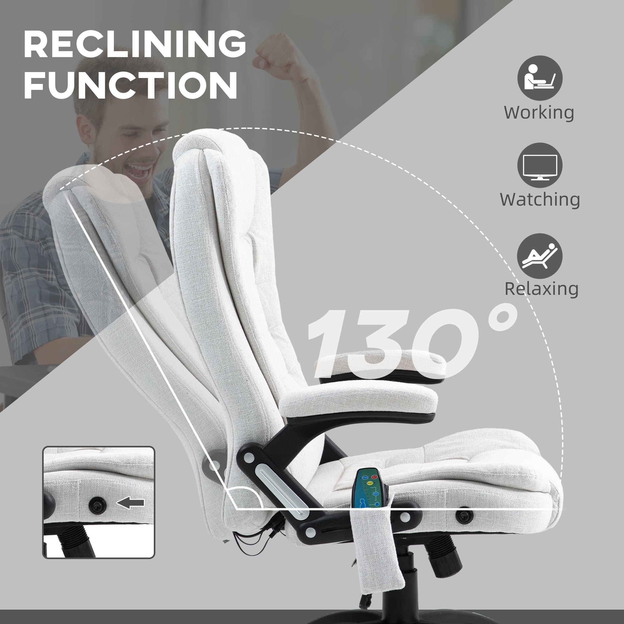 Massage Recliner Chair Heated Office Chair with Six Massage Points Linen-Feel Fabric 360° Swivel Wheels Cream White