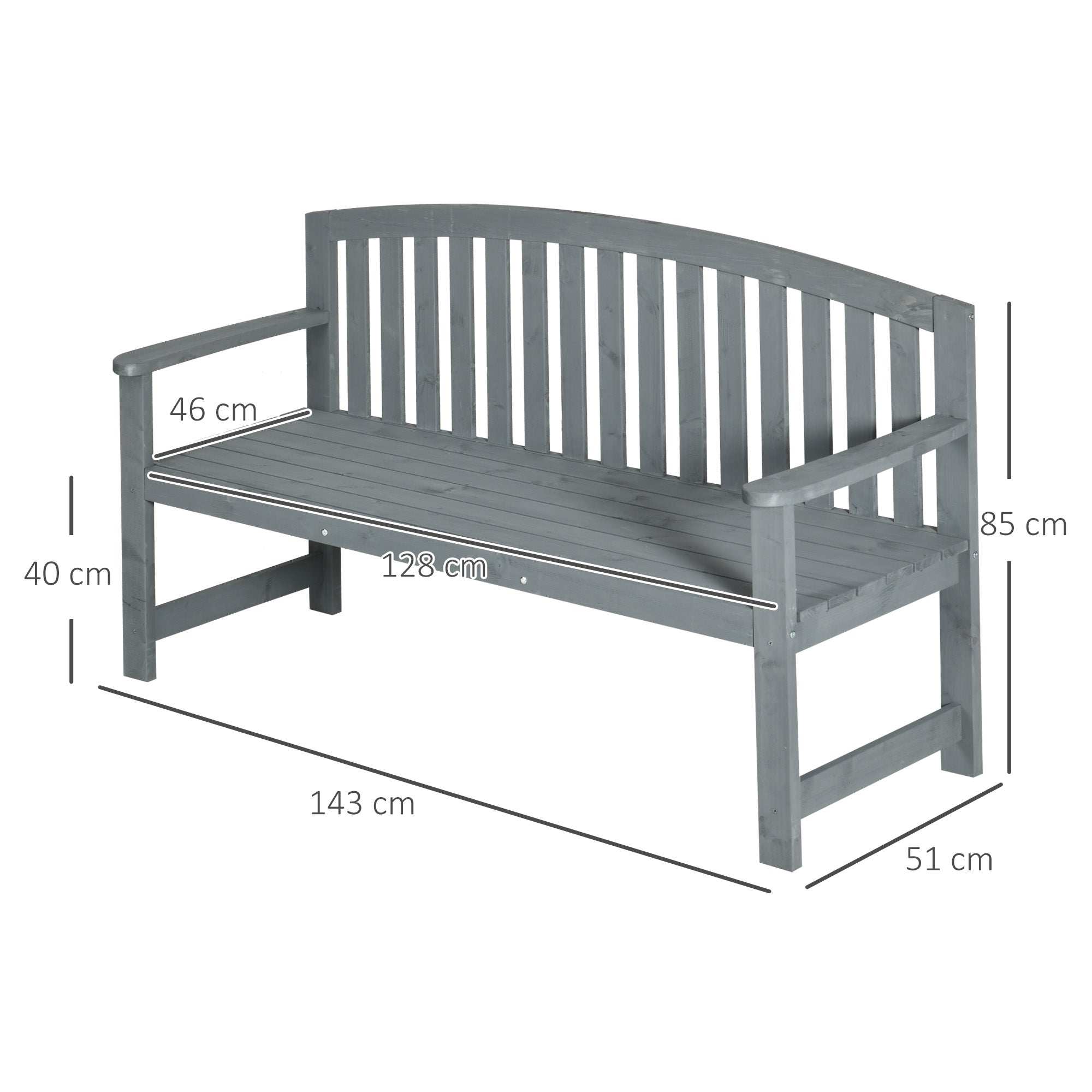 2 Seater Wooden Garden Bench with Armrest, Outdoor Furniture Chair for Park, Balcony, Grey