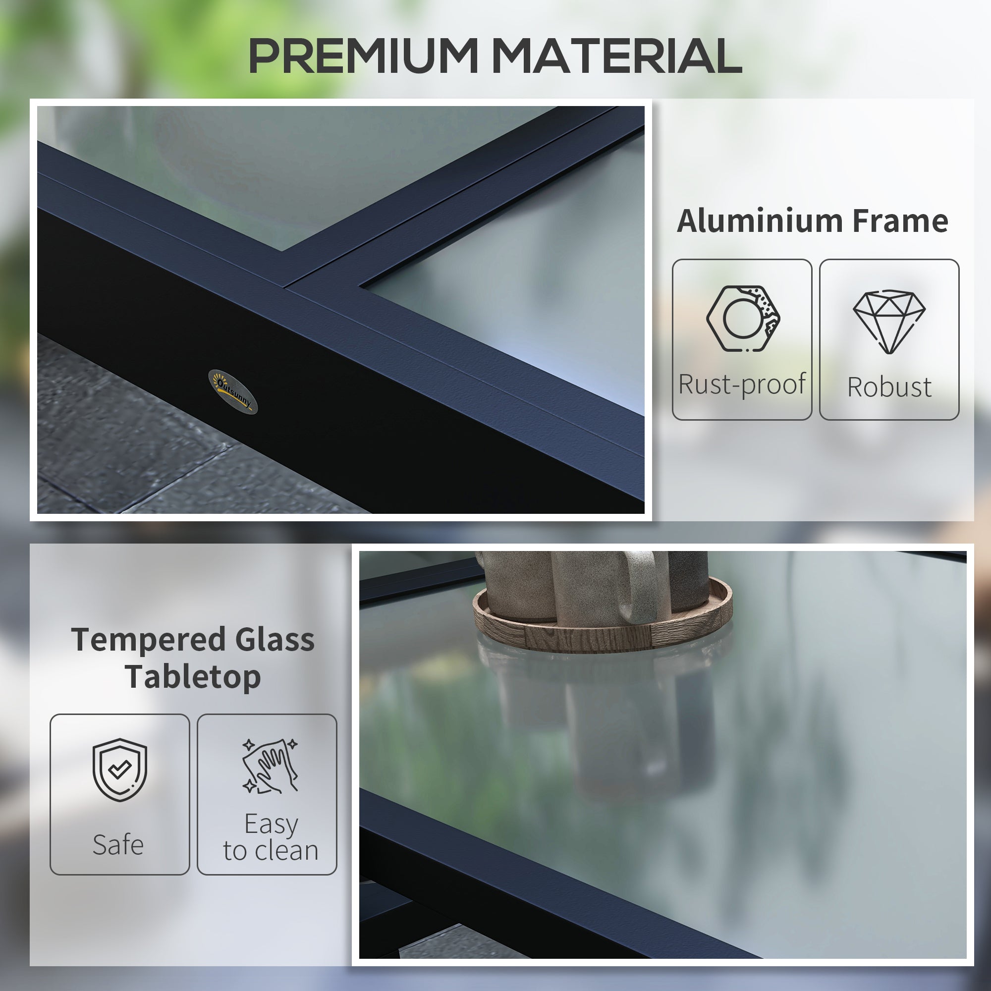 Extending Garden Table, Outdoor Dining Table with Aluminium Frame and Tempered Glass Tabletop, 80/160 x 80 x 75 cm, Black and Clear