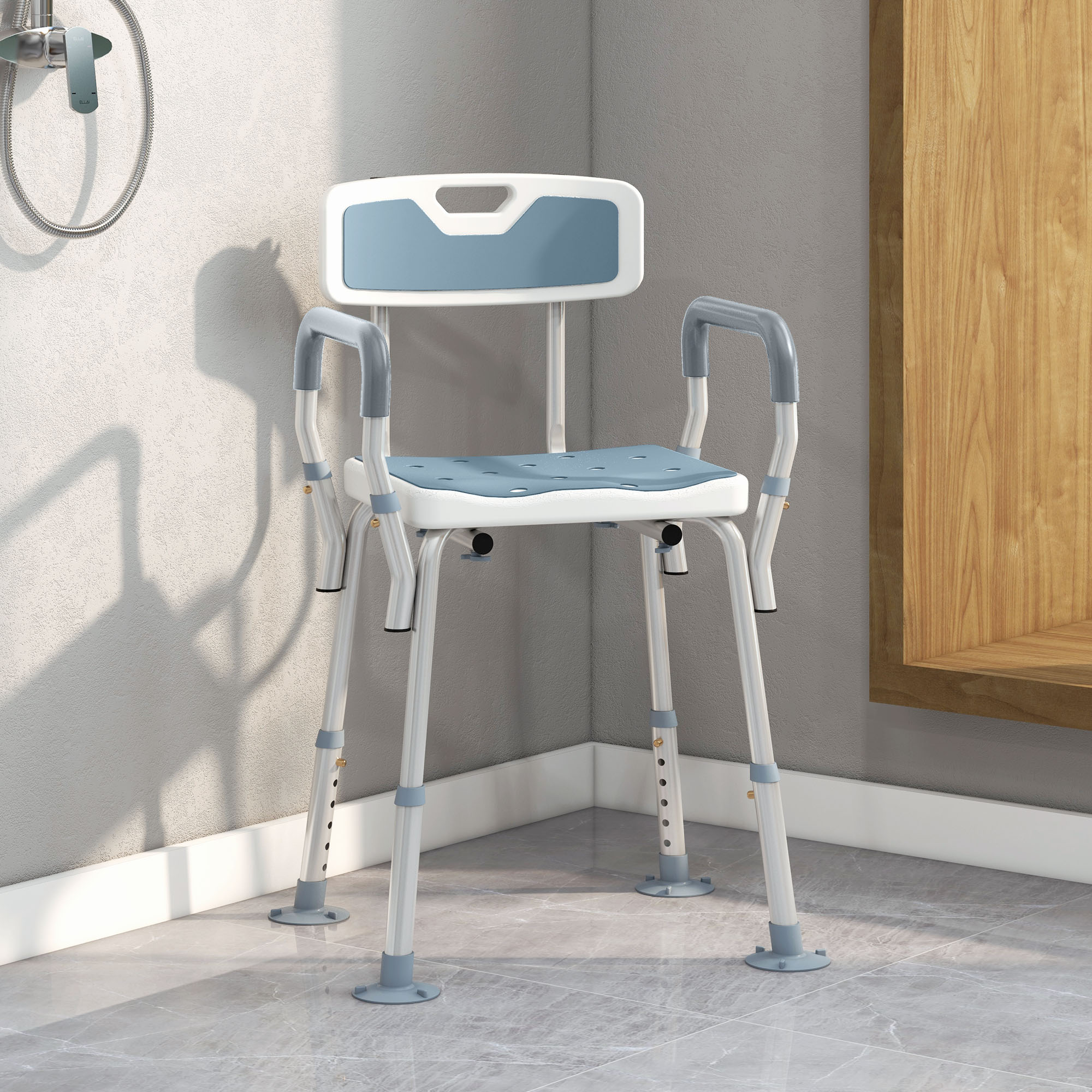 EVA Padded Shower Chair for the Elderly and Disabled, Height Adjustable Shower Stool with Back and Arms, 4 Suction Foot Pads, Light Blue