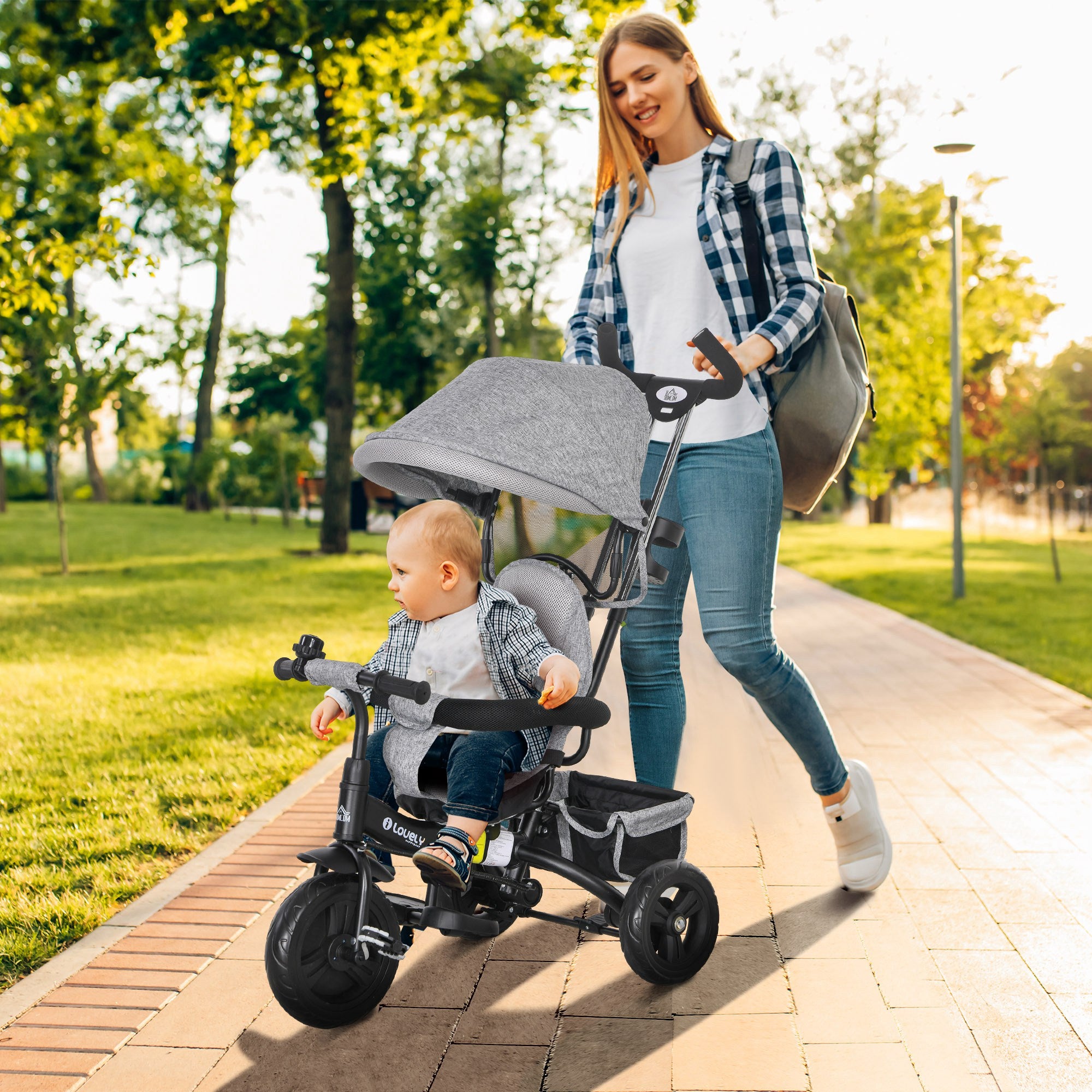 6 in 1 Kids Trike Push Bike w/ Push Handle, Canopy, 5-point Safety Belt, Storage, Footrest, Brake, for 1-5 Years, Grey