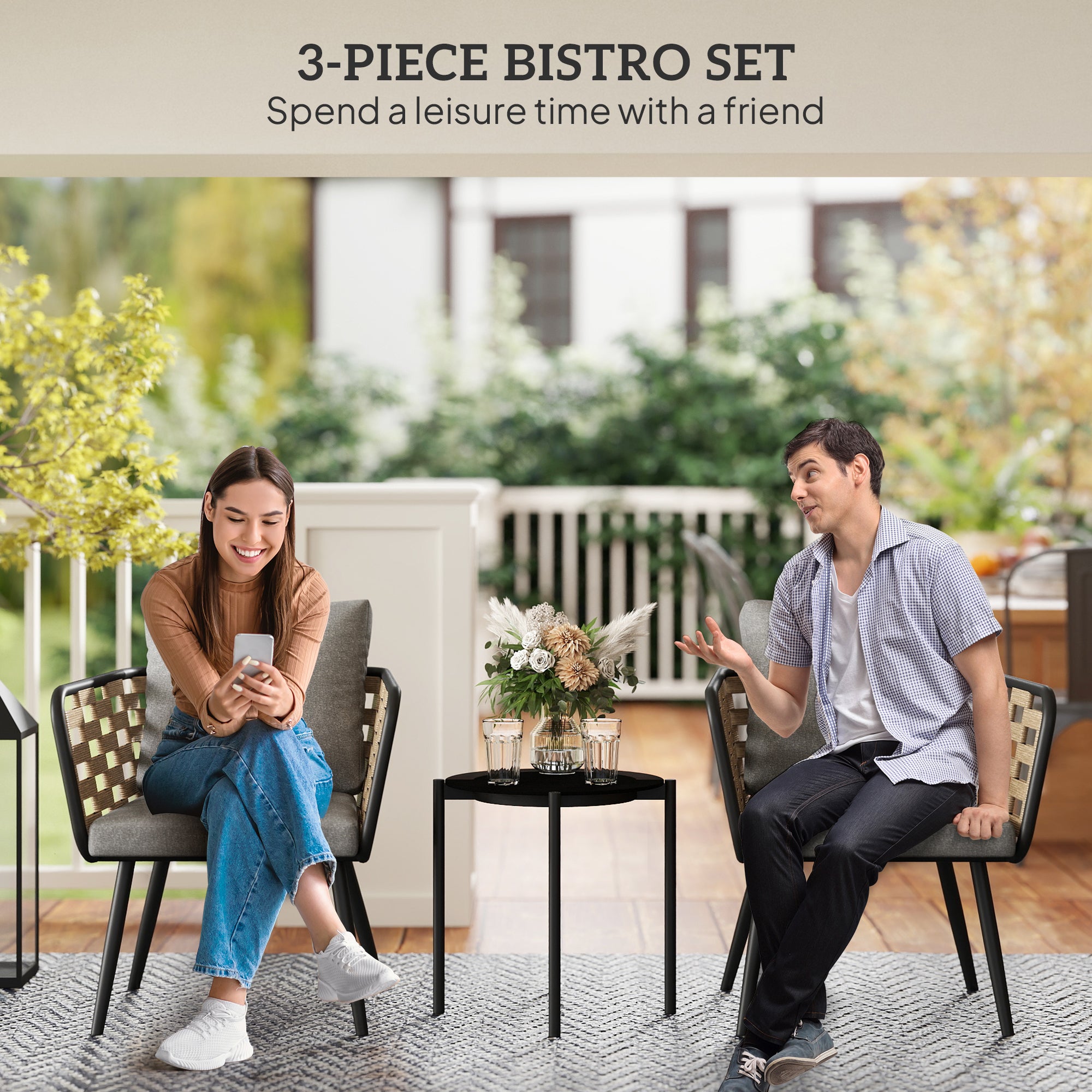 3 Pieces Rattan Bistro Set with Washable Seat and Back Cushions, Glass Top Coffee Table, for Outdoor, Patio, Black