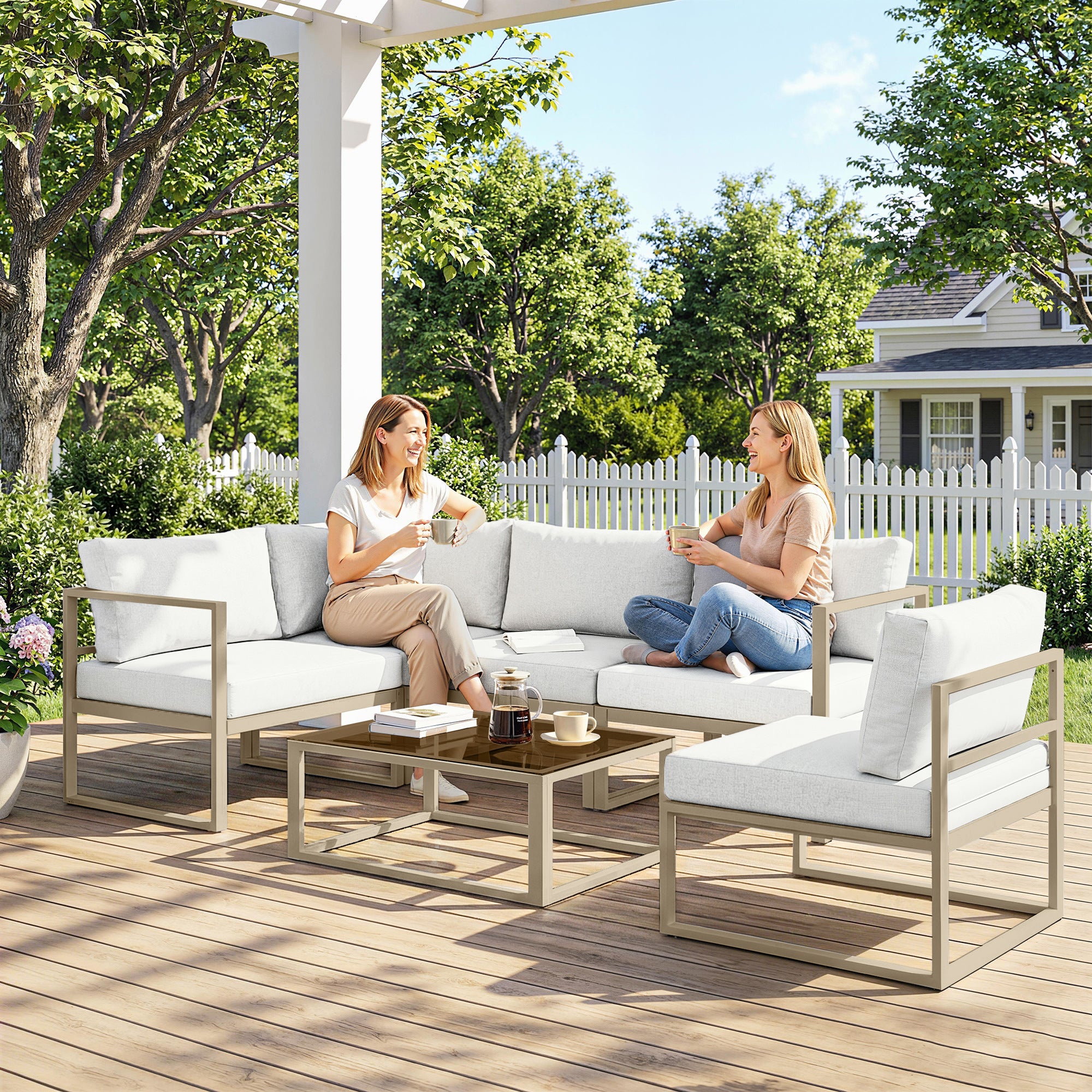 5 Seater Aluminium Garden Furniture Set, Garden Sofa Set with Thick Cushions for Patio and Balcony, Outdoor, White
