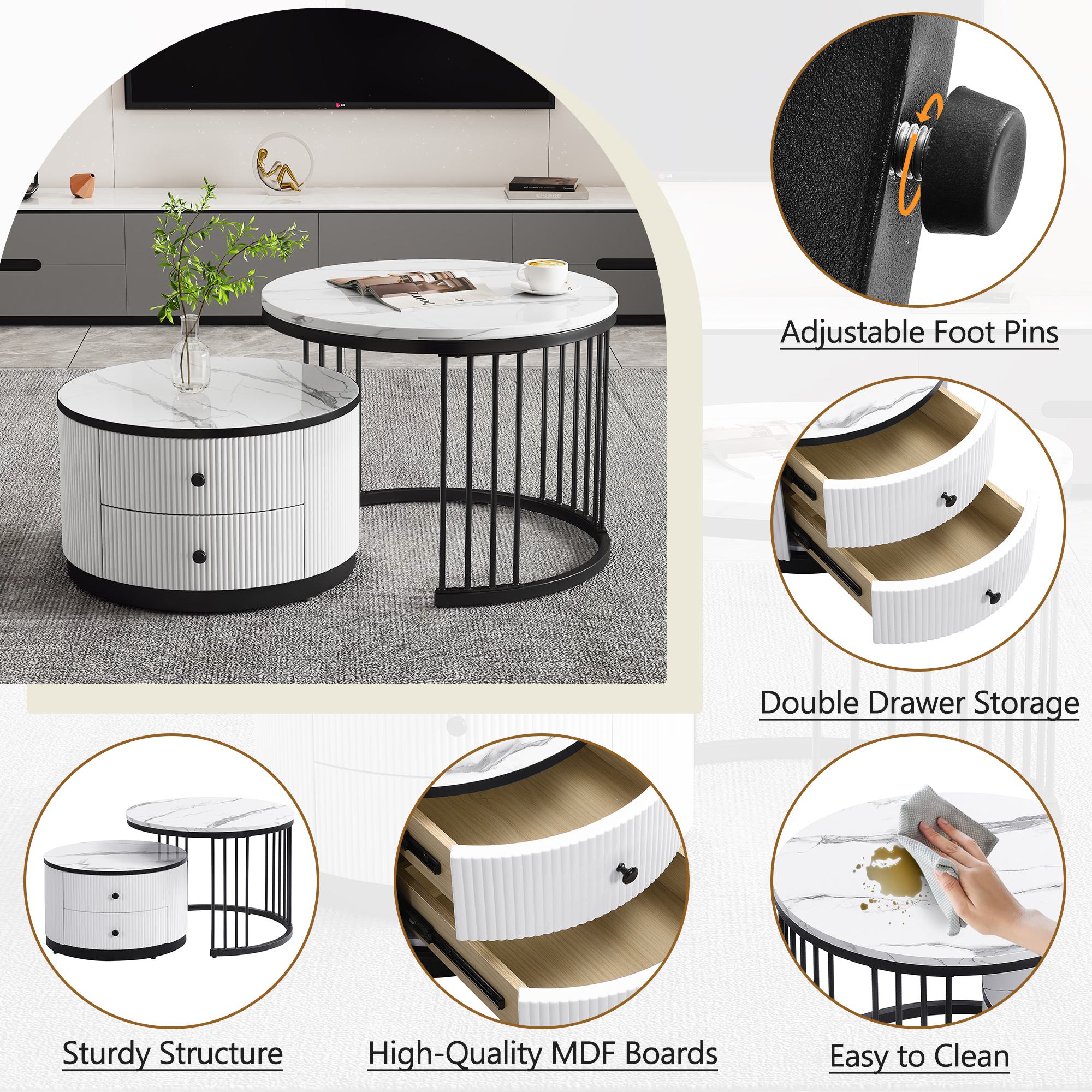 High Gloss Round Nesting Coffee Table Set with Marble Pattern Top and Storage Drawers, Modern Centre Table for Living Room, White+Black