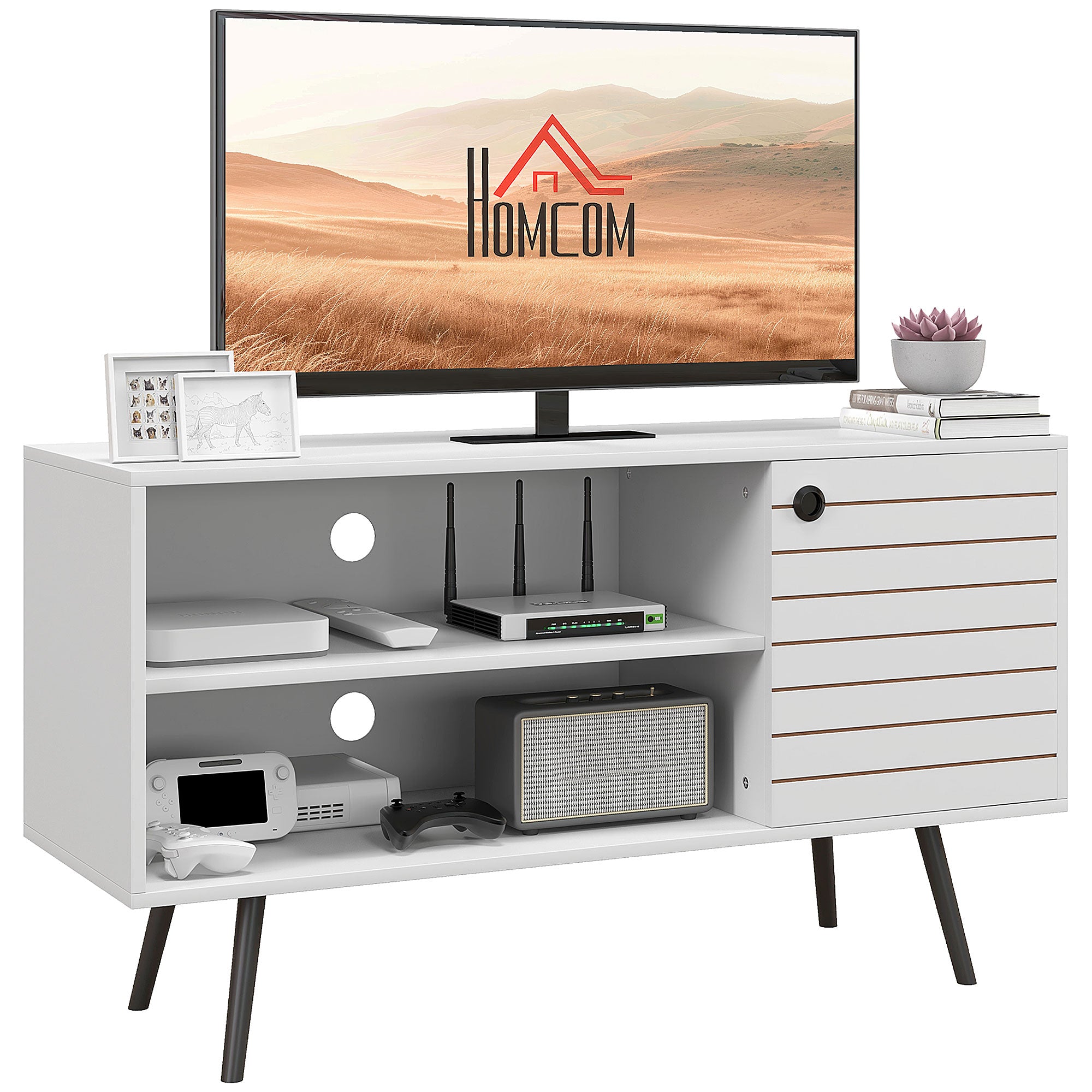 Duo Storage TV Unit, with Striped Door - White