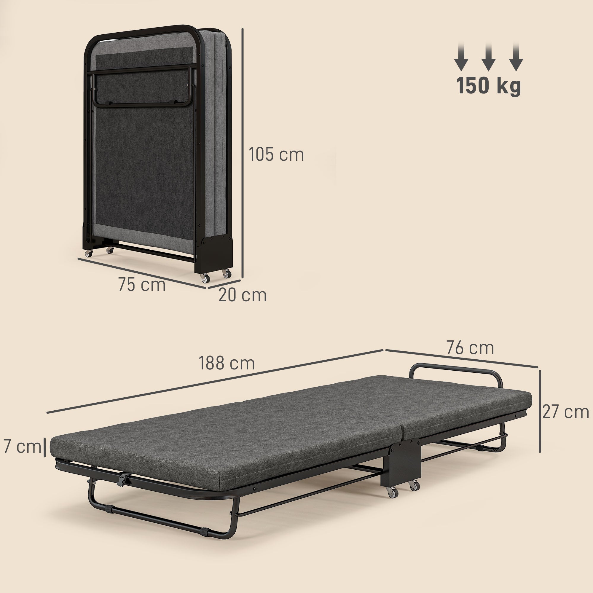 Single Temporary Folding Bed with Comfortable Mattress - Grey