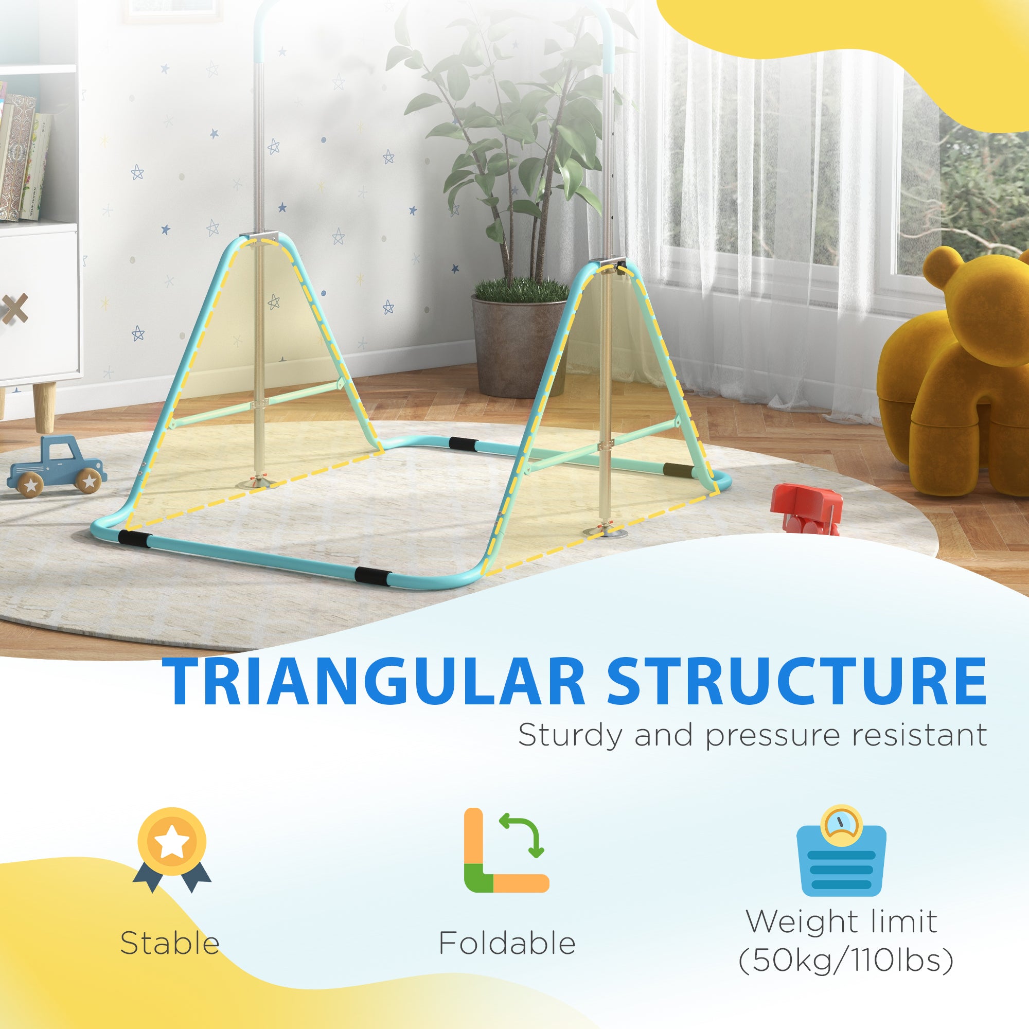 Adjustable Foldable Kids Gymnastic Bar with Horizontal Bars - Light Blue
