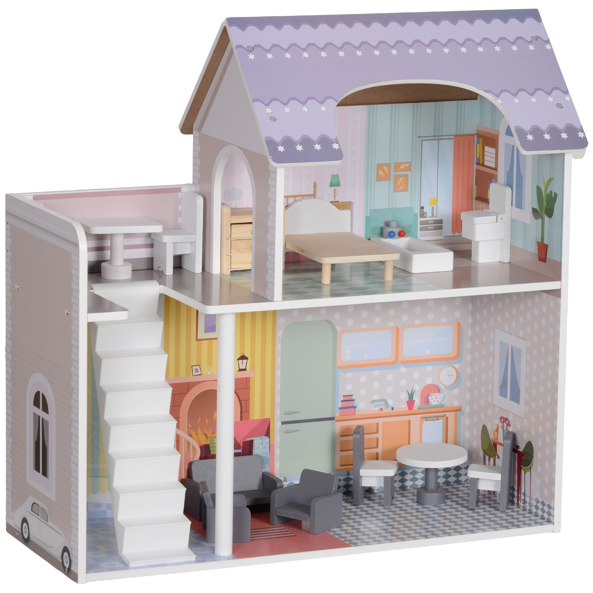 2 Storey Dolls House with 13 Pieces Furniture, Play Set with Balcony, Gift for 3-6 Years Old