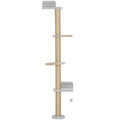 Wall Mounted Cat Shelves, Cat Climbing Wall with 4 Climbing Platforms, Jute Scratching Post and Toy Ball,180cm Tall, Light Grey