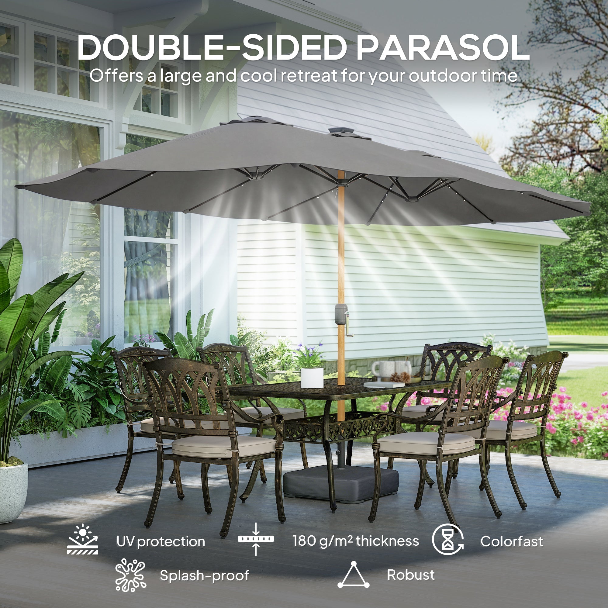 Double Sided Garden Parasol with Base Included & 48 Solar LED Lights Patio Umbrella Crank Handle 4.6m Light Grey