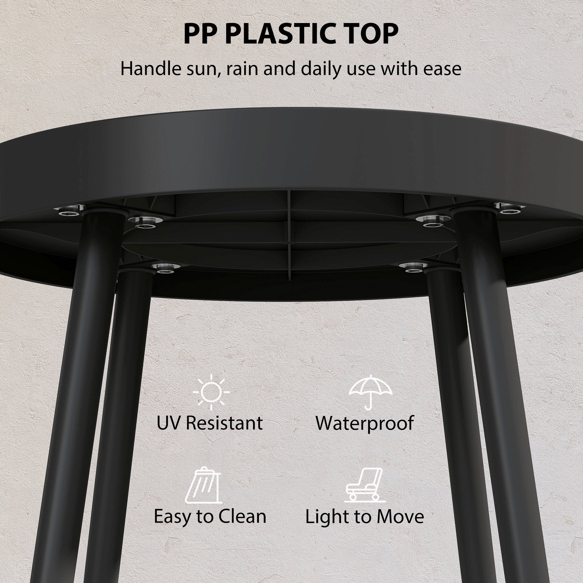 49.5 cm Round Garden Table, Small Outdoor Coffee Side Table with Plastic Tray-Style Top, Metal Legs, Black