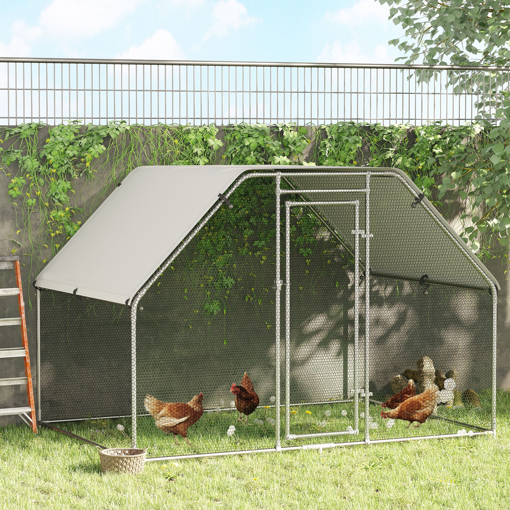 Walk-In Chicken Coop Run Cage Large Metal Chicken House w/ Cover Outdoor, 280W x 190D x 195H cm