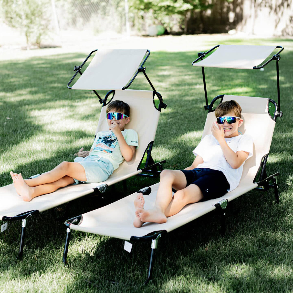 2 Piece Folding Adjustable Sun Loungers with Canopy and Side Pocket - Tan Brown