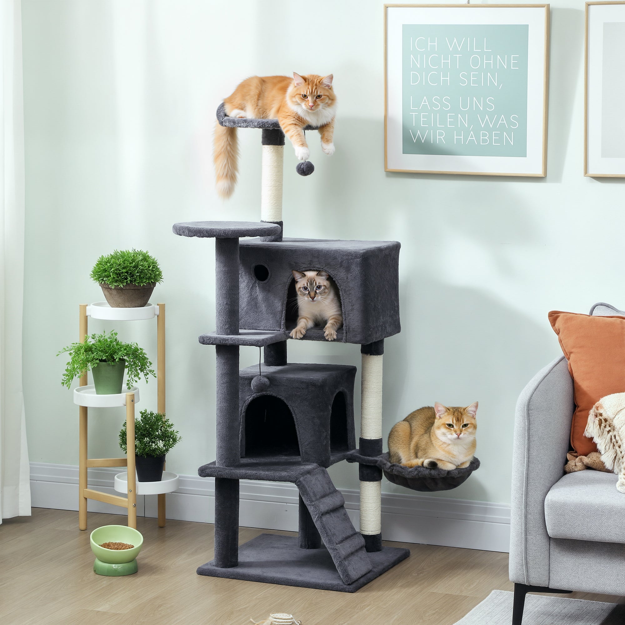 140cm Large Cat Tree Tower with Sisal Scratching Posts, Cat Houses, Plush Perches, Hammock, Ladder, Dark Grey