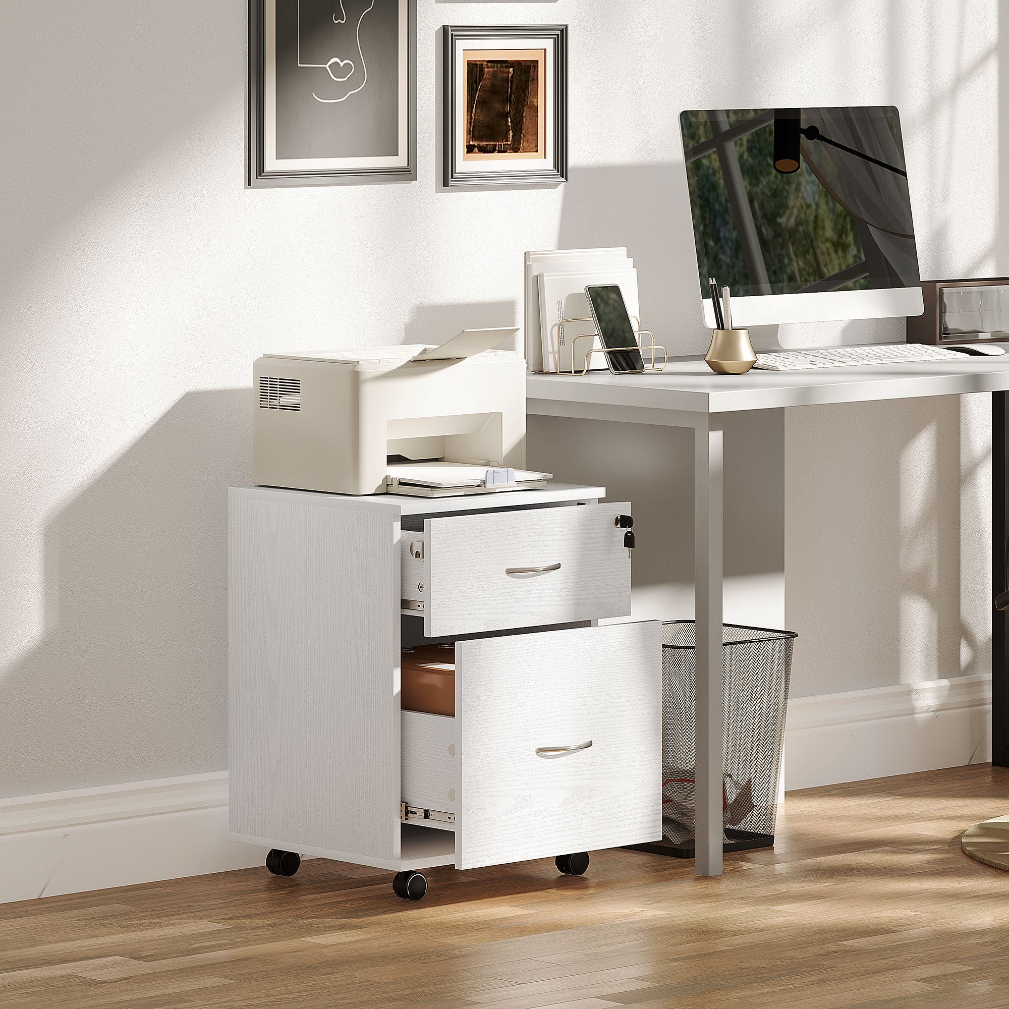 Two Drawer Lockable Filing Cabinet - White Wood Grain