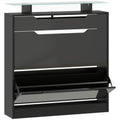 Shoe Storage Cabinet with Slide Out Drawer, 2 Flip Doors, Tempered Glass Top - Black
