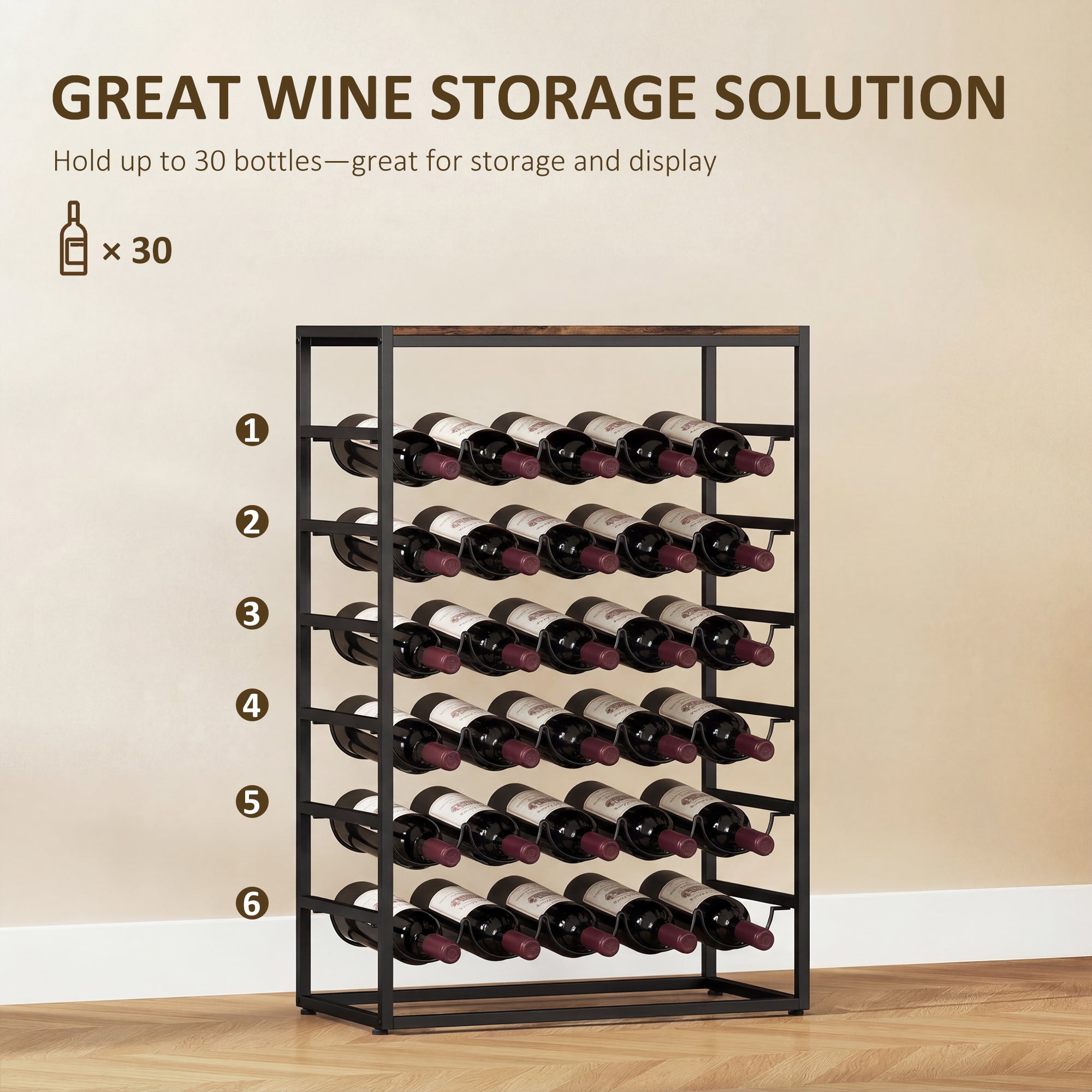 30 Bottles Wine Rack, 6 Tier Free Standing Wine Storage Holder with Wood Effect Tabletop, Rustic Brown