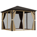 3 Piece Metal Hardtop Gazebo with Curtains and Accessories - Brown