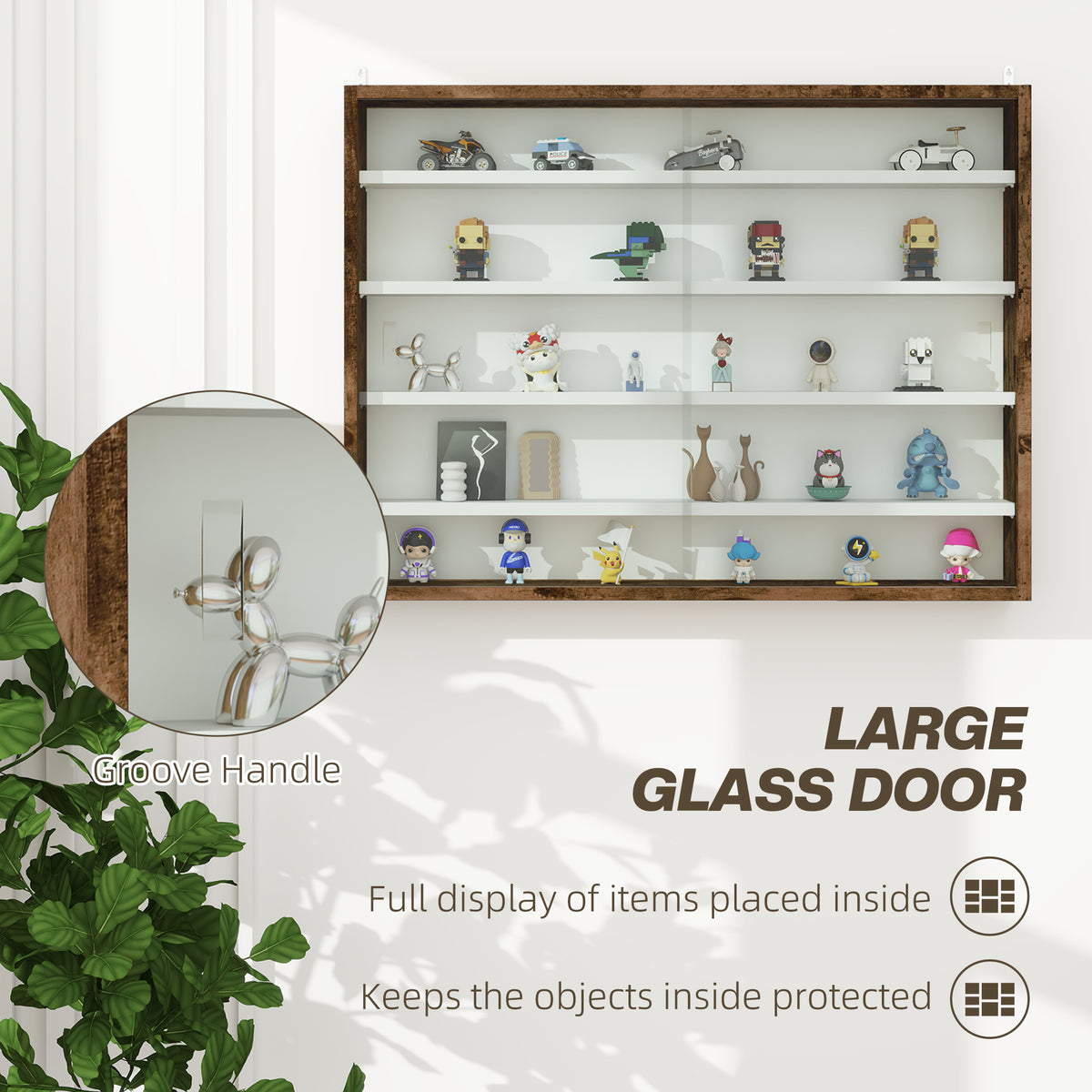 5-Tier Wall Display Shelf Cabinet with 4 Adjustable Shelves and Glass Doors 60x80cm - Rustic Brown