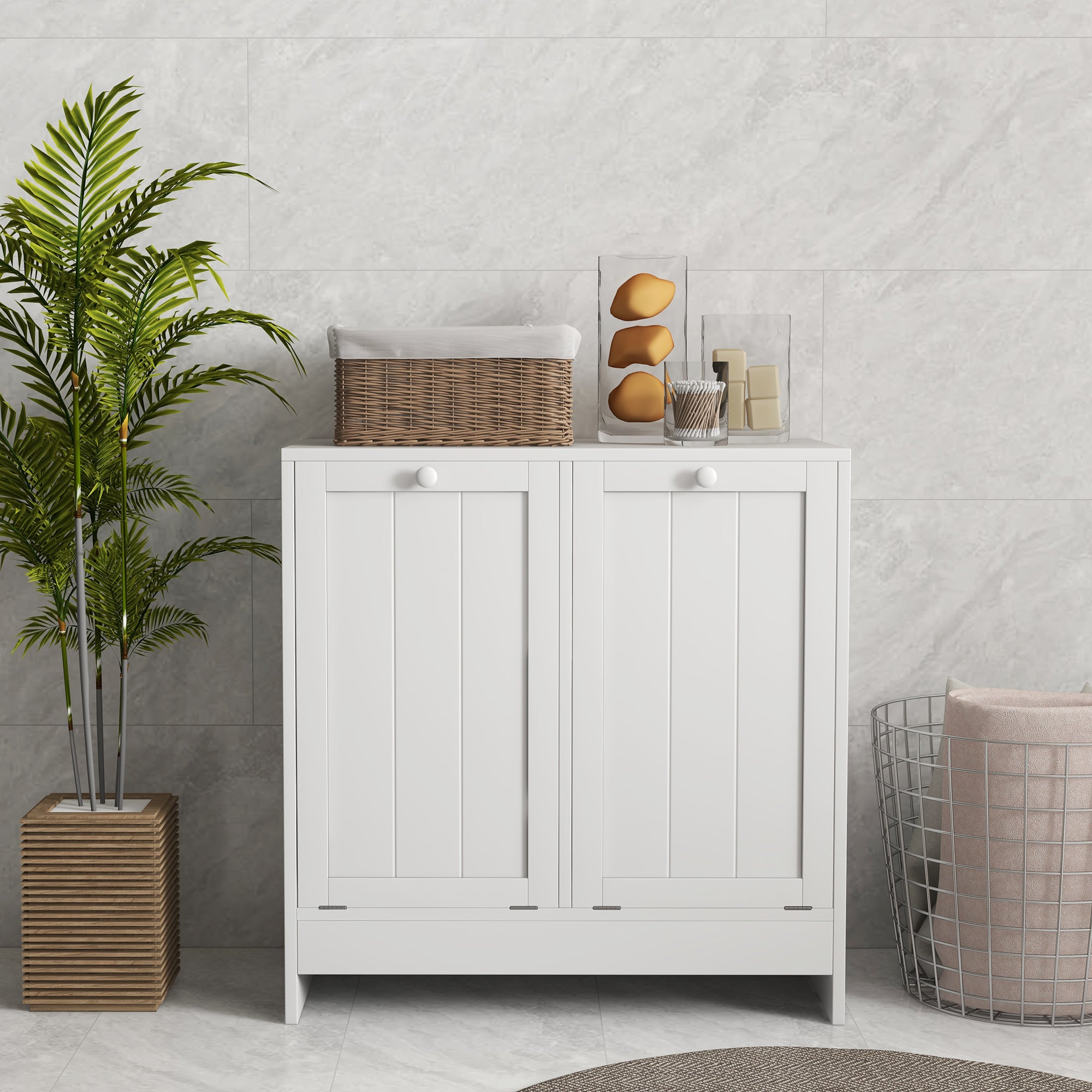 Double Hamper Laundry Storage Cabinet - White