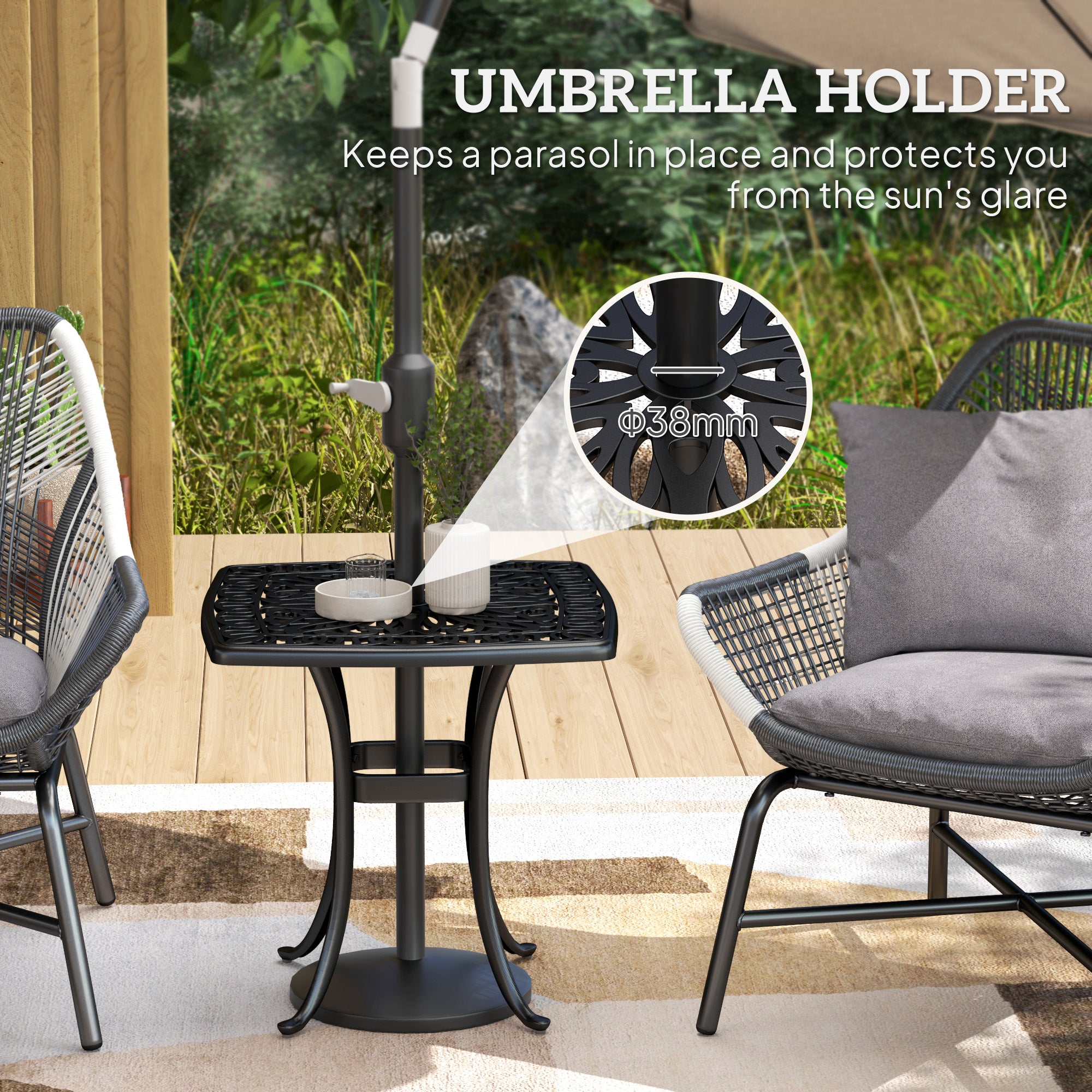 Outdoor Garden Table with 38mm Dia. Umbrella Hole, Cast Aluminium Patio End Table with Anti-slip Foot Pads for Garden, Patio, Balcony, 54 x 54cm, Black