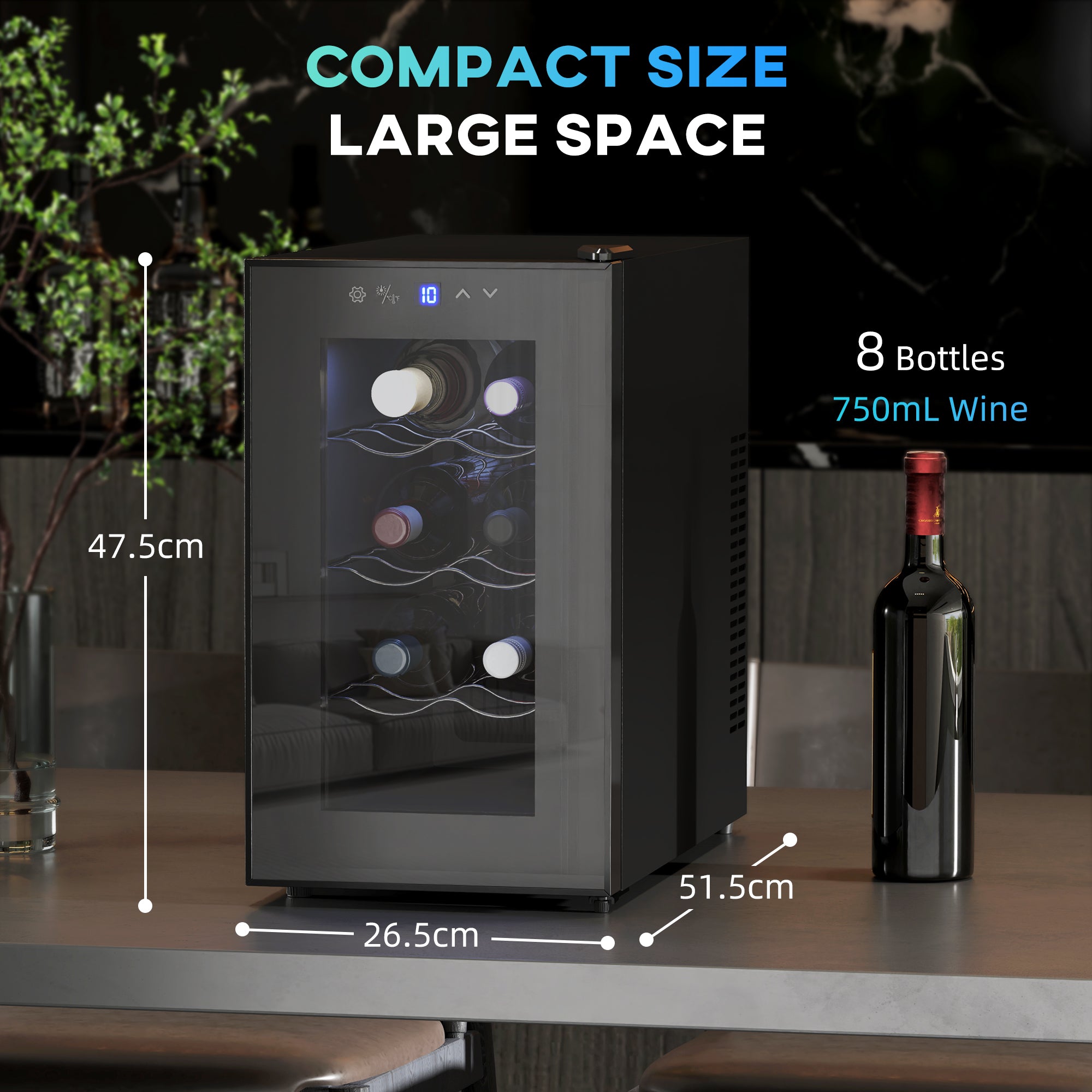 Mini Wine Fridge, 8 Bottle, 21L, 26.5cm, Freestanding and Under Counter, Quiet Wine Cooler Fridge with Glass Door, LED Light, Digital Touch Screen, Temperature Control