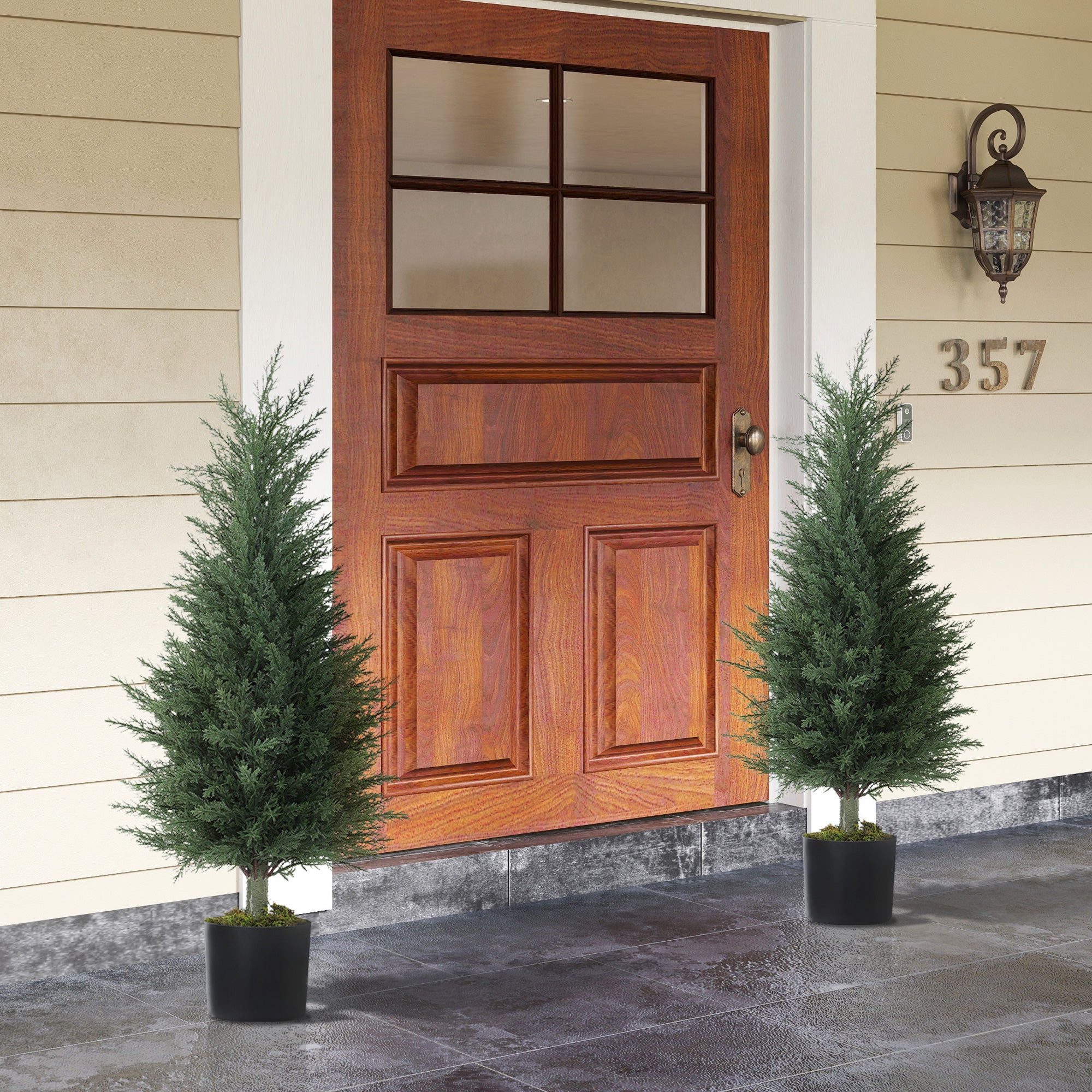Artificial Cypress Tree, 90 cm Fake Cypress Tree with Plastic Pots, UV-Resistant Faux Plants for Garden Front Porch Decoration, 2 Pack