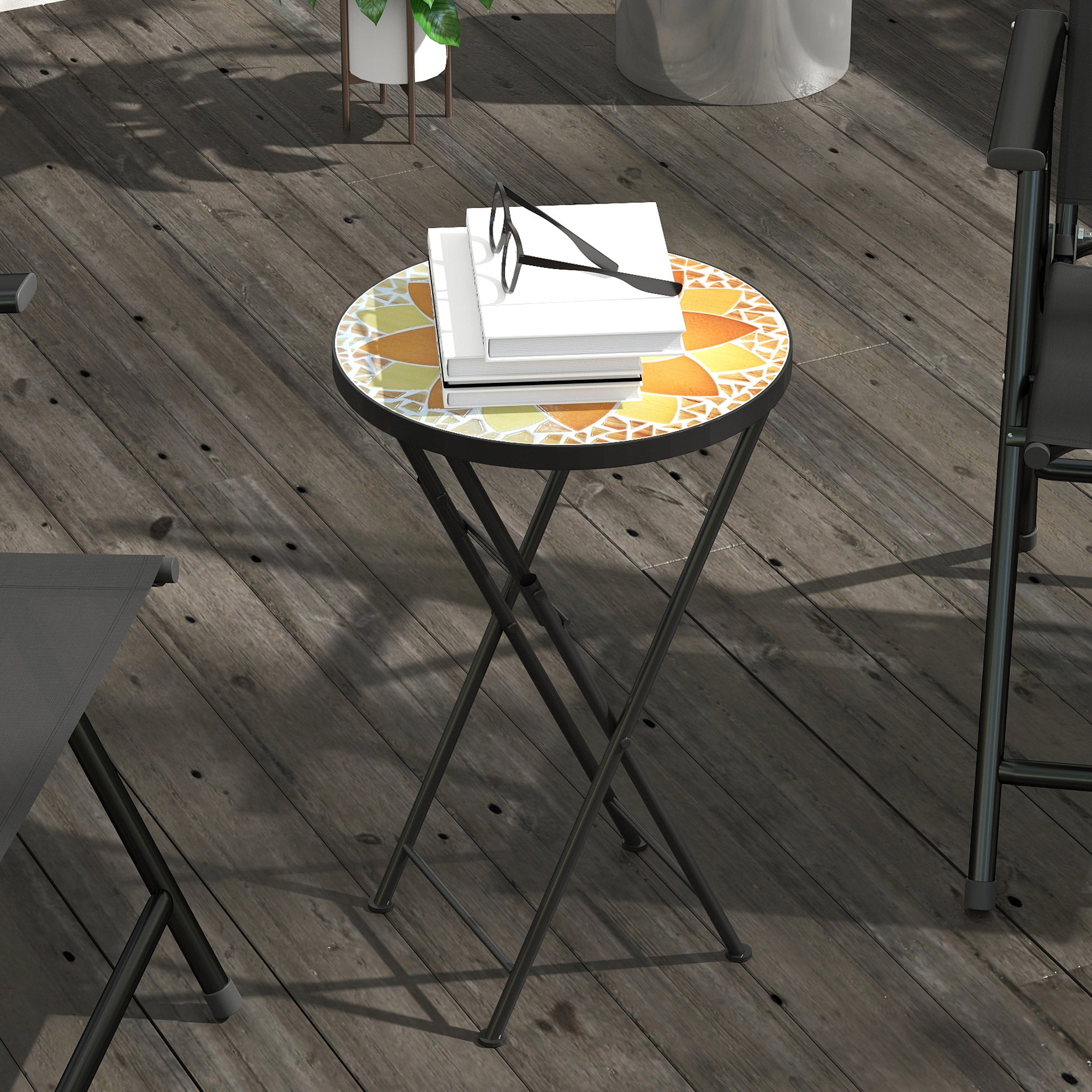 Mosaic Outdoor Garden Table, 35.5cm Round Folding Coffee Table with Metal Frame for Balcony Terrace, Yellow