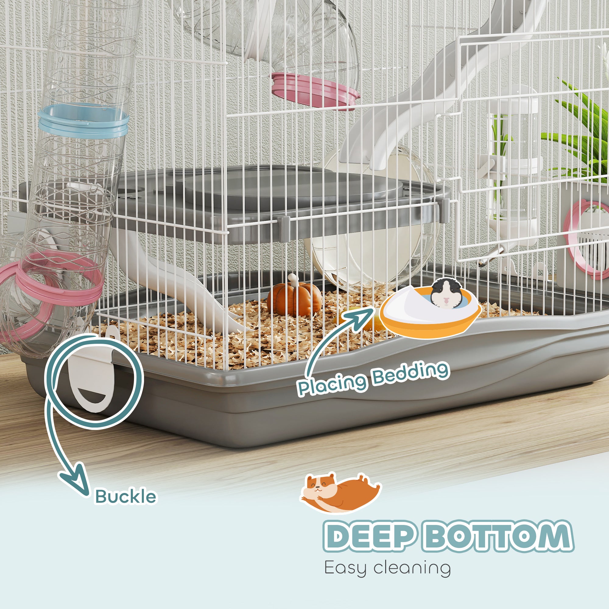 3-Tier Hamster Cage with Exercise Wheels, Water Bottle, Food Dish, for Dwarf Hamsters, 45 x 30 x 45 cm, Grey