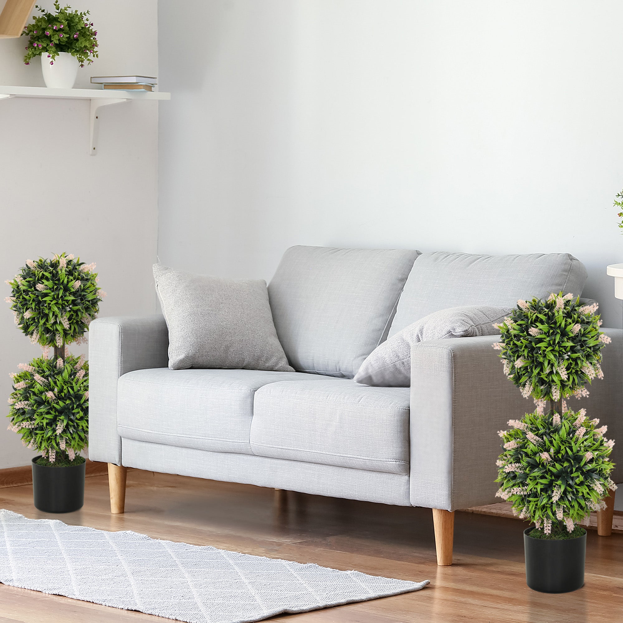 Set of 2 Decorative Artificial Plants Ball Trees with Lavender Flowers in Pot Fake Plants for Home Indoor Outdoor Decor, 70cm, Pink