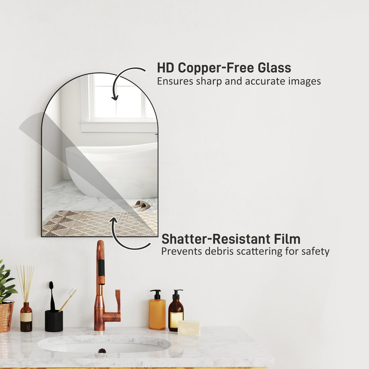 50 x 70cm Arched Home Mirror with Black Powder-Coated Frame - Black