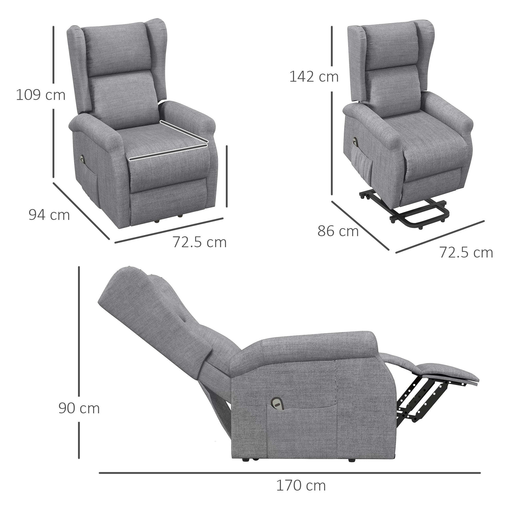 Power Lift Recliner Armchair, Electric Lift Chair for Elderly, Fabric Riser and Reclining Chair with Remote Control, Side Pockets, Extended Footrest, for Living Room, Grey