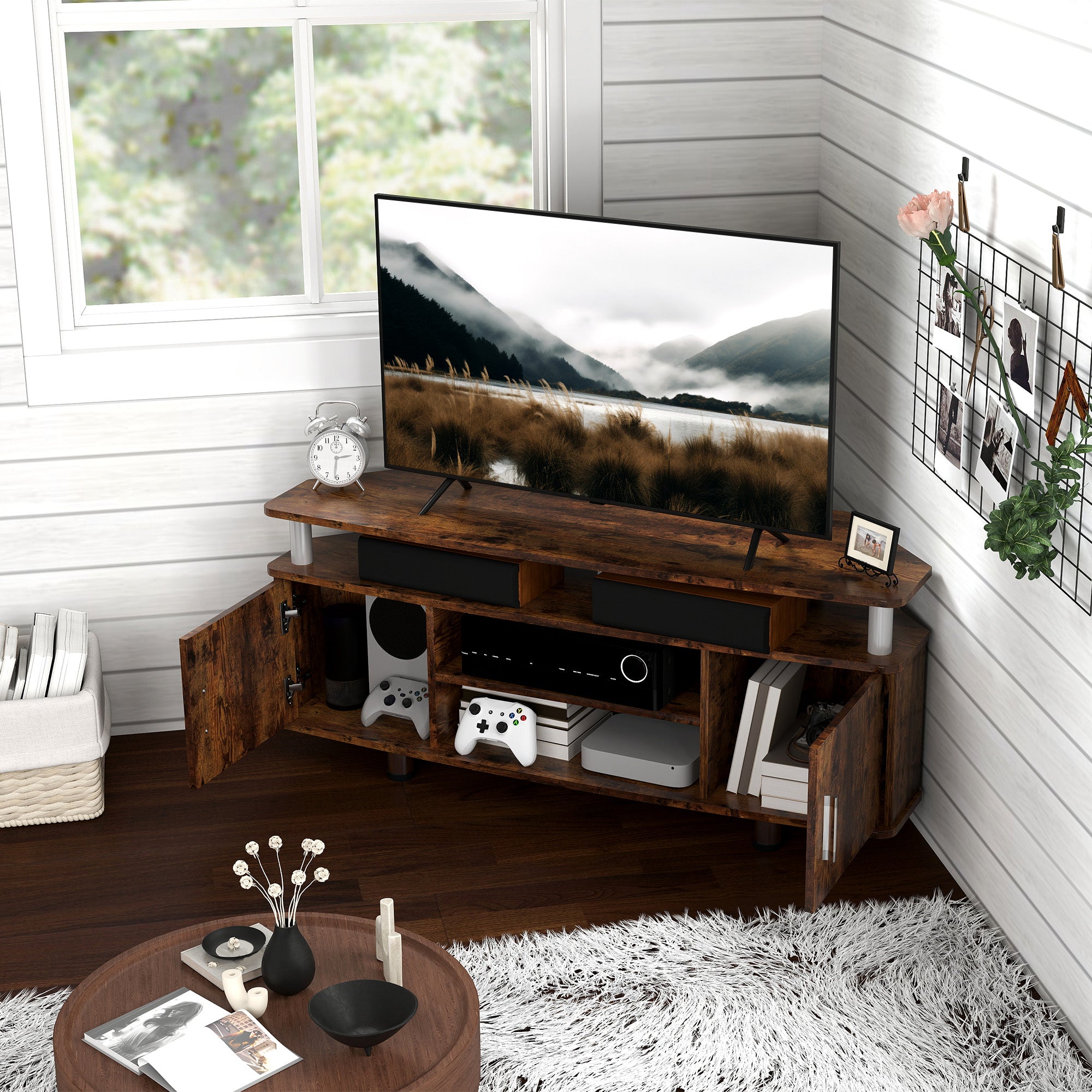 TV Unit Cabinet for TVs up to 55 Inches with Storage Shelves and Cupboard - Rustic Brown