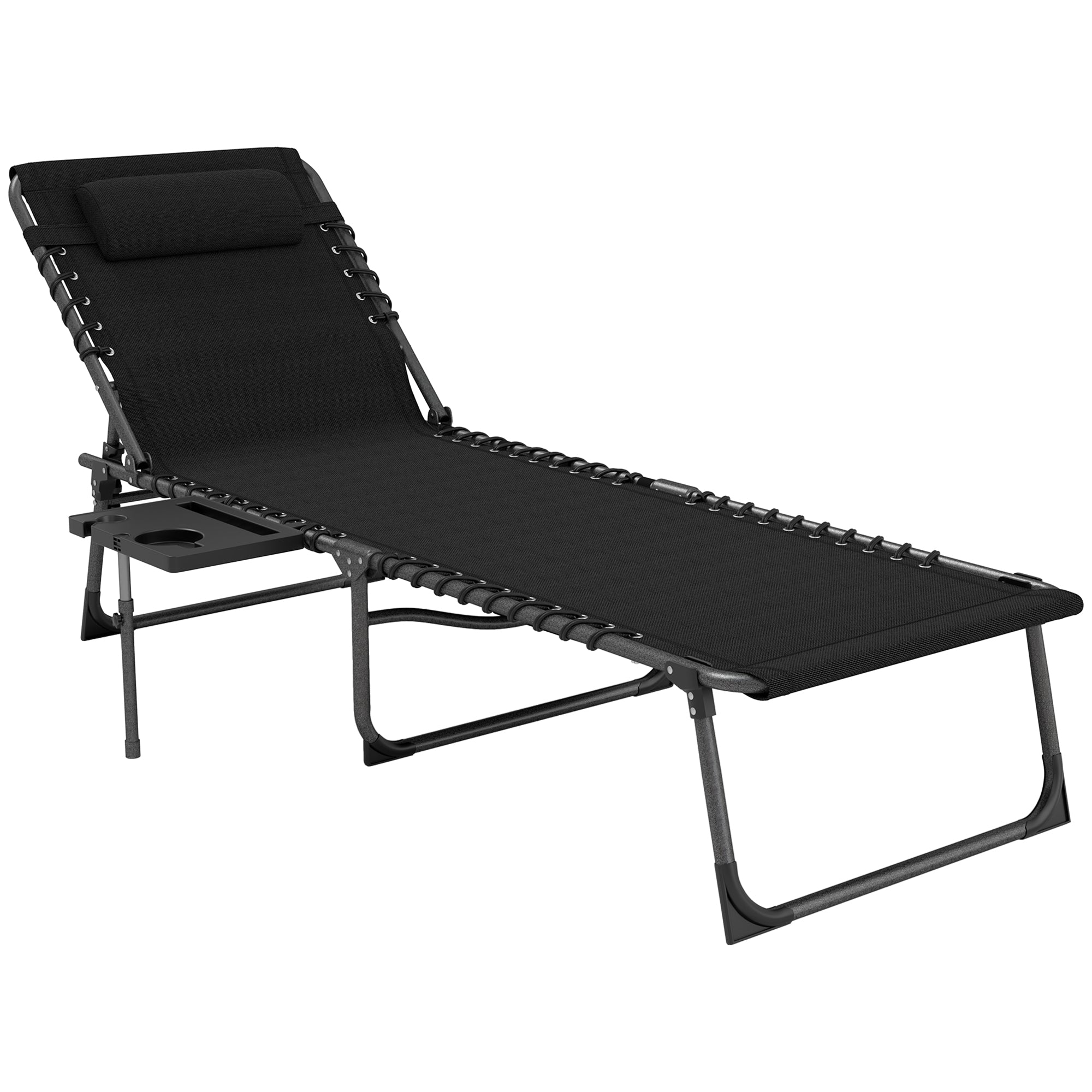 Five-Position Adjustable Reclining Sun Lounger with Side Table and Pillow - Black