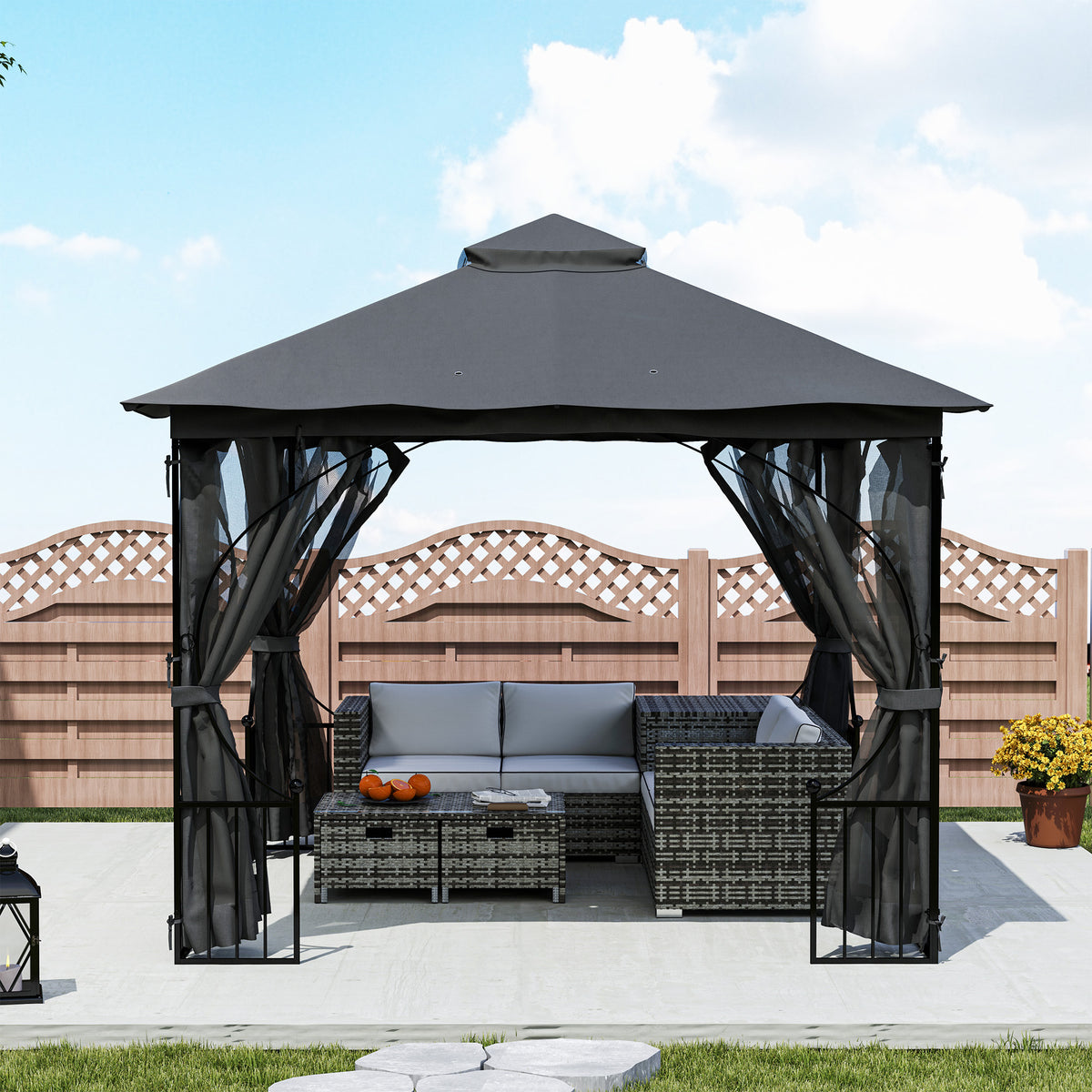 3 x 3 Metre Garden Gazebo with Double Tier Sun Shade - Dark Grey