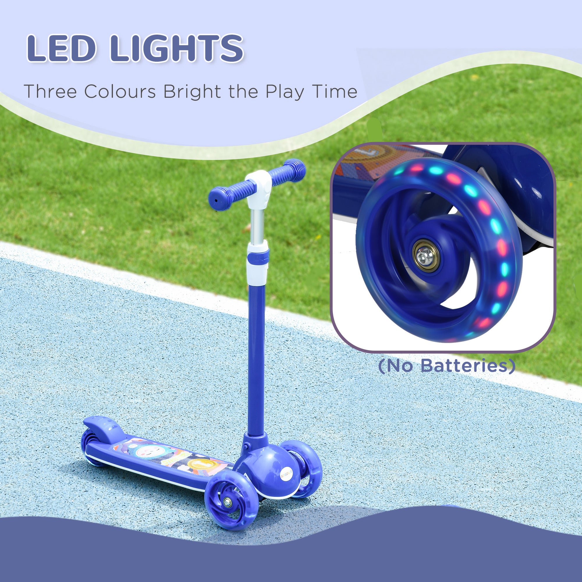 Kids 3 Wheel Scooter for 2-6 Years Old w/ Adjustable Height, LED Light, TPE Handlebar, Blue