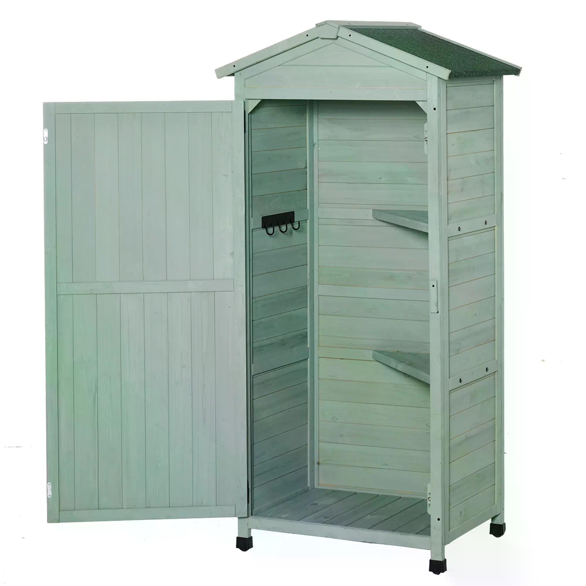 Wooden Garden Shed, Outdoor Storage Cabinet with 2 Shelves and Hooks, Locking Organiser Outdoor Narrow Tool House, 74x55x155cm, Green