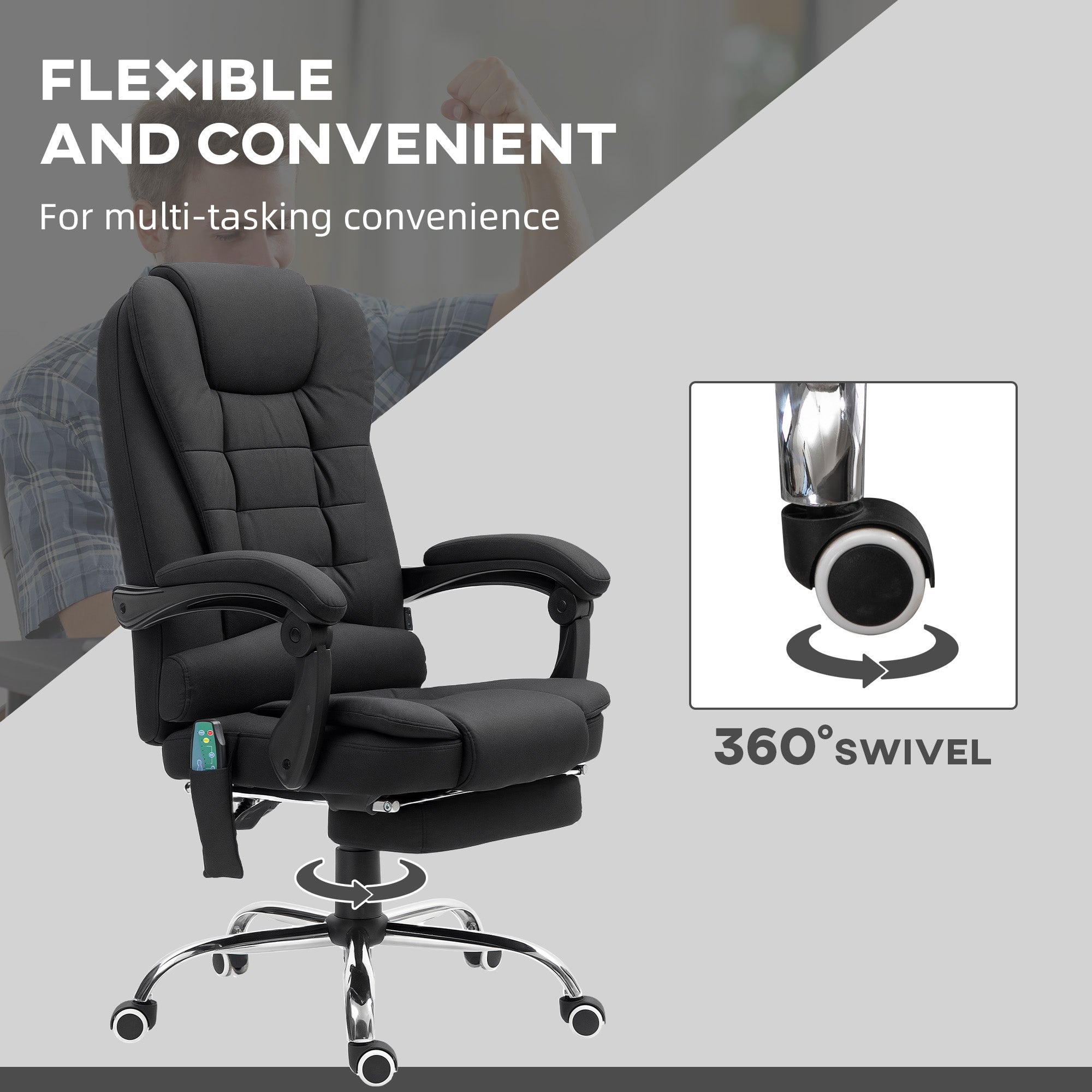 Heated 6-Point Vibration Massage Executive Ergonomic Office Chair with Recliner & Footrest - Black