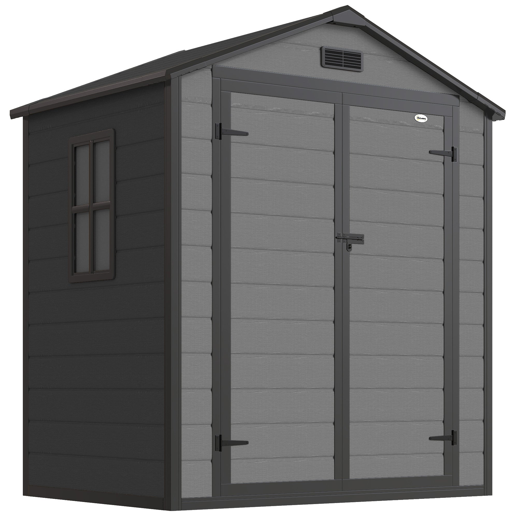 6'x4.5' Garden Storage Shed, Lockable Garden Shed with Double Doors, Window, Vent and Plastic Roof, Dark Grey