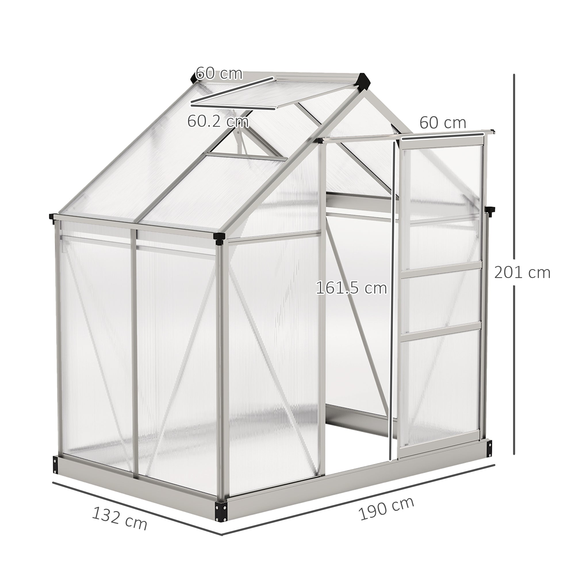 Polycarbonate Greenhouse, Large Walk-In Green House with Slide Door and Window, Aluminium Frame, 6x4ft, Silver Tone