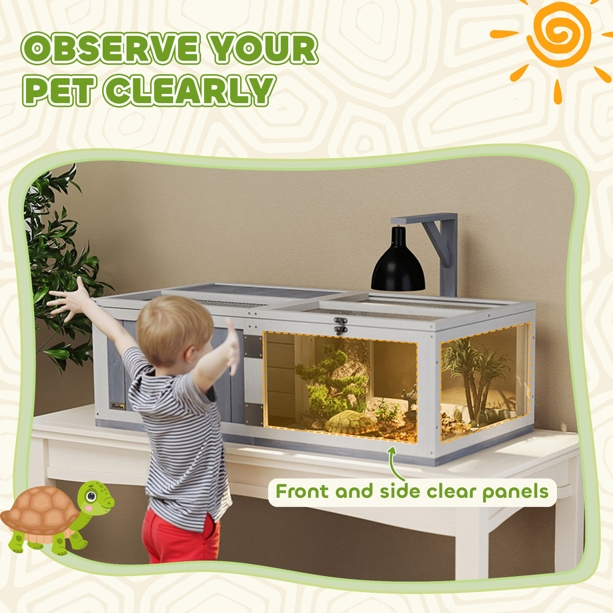 Wooden Tortoise House with Lamp Holder, Observation Window & Openable Tops - Light Grey